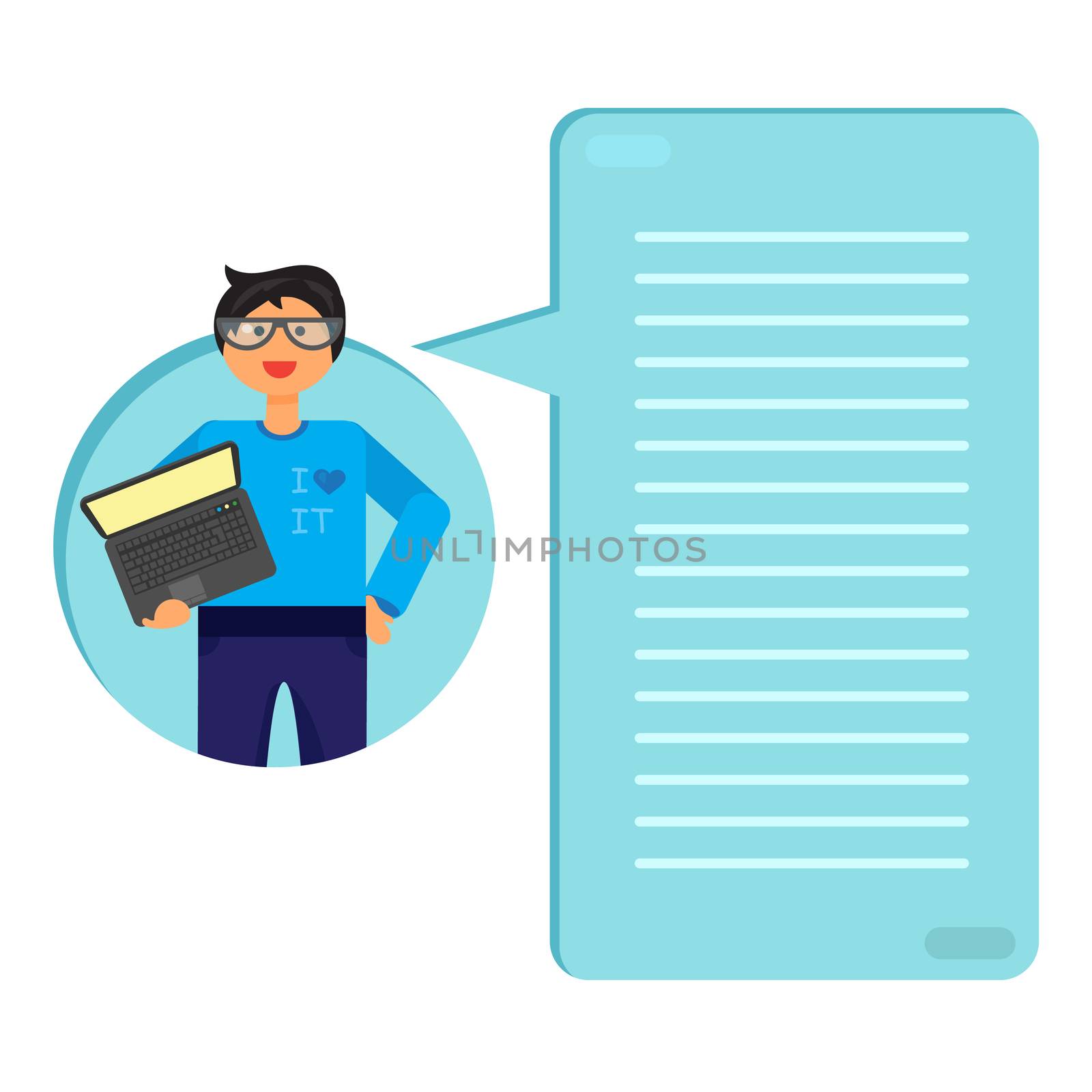 Employee with notebook. Programmer or admin with PC. Thinking list. Template or blank with job concept. Vector