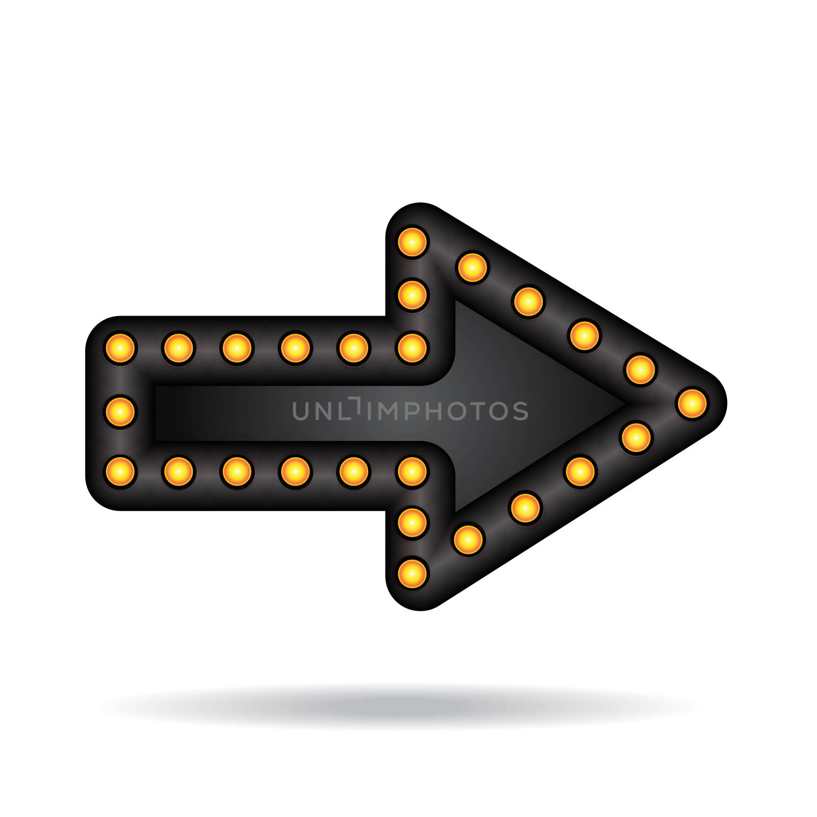 Electronic glowing neon arrow with lamps. Bar, party or holiday pointer. Vector