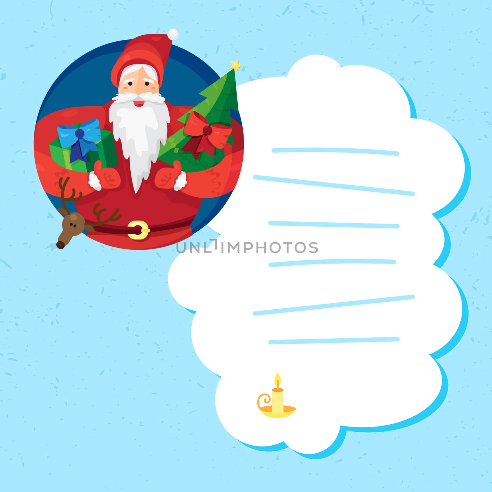 Merry Christmas greeting with Santa Claus or Father Frost with gift and fir in hands and cheerful deer. Vector