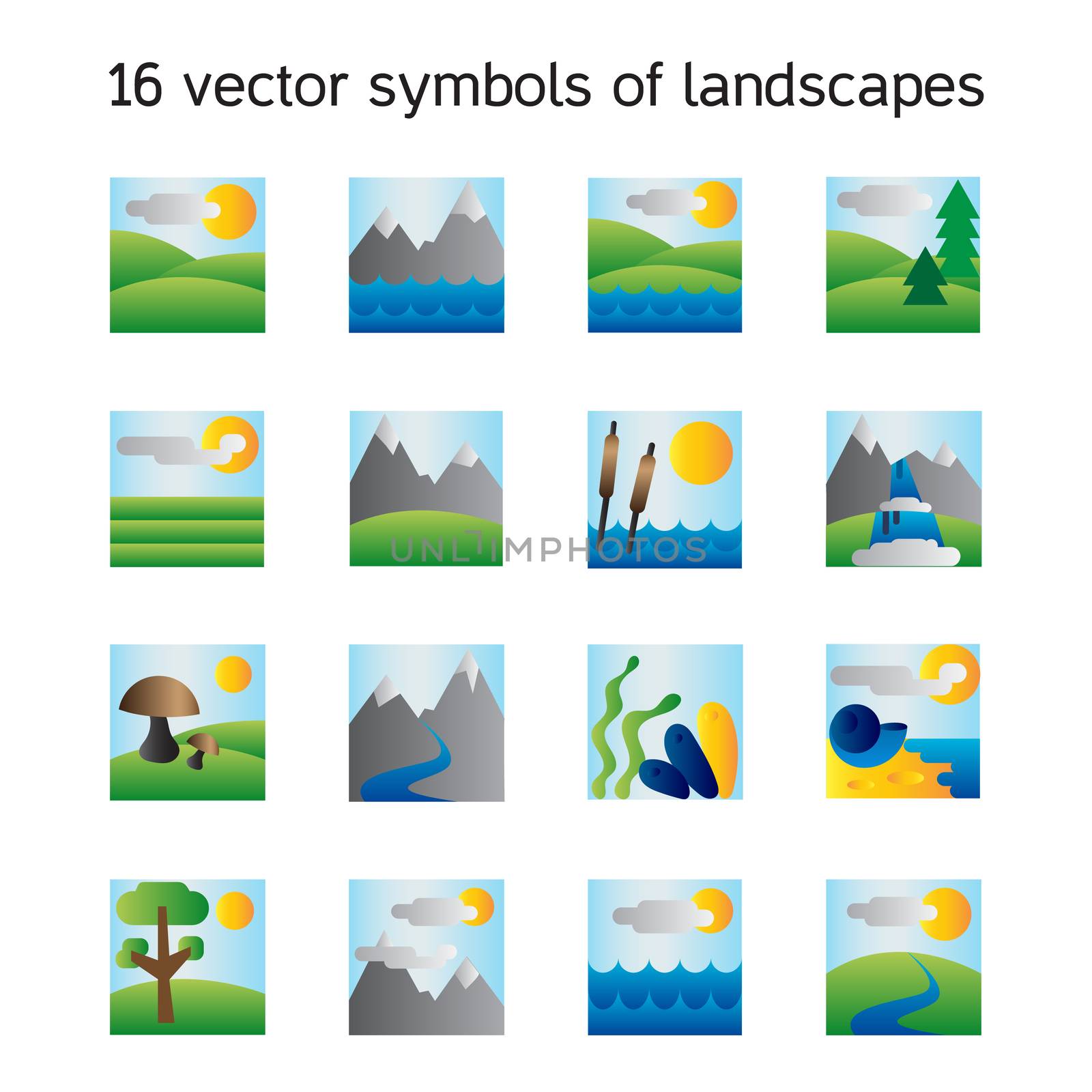 Landscape icons collection. Nature symbols and paysages in rectangle form. Vector