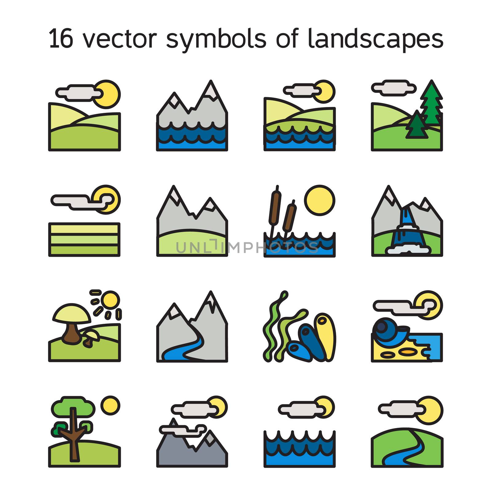 Landscape icons collection. Nature symbols and paysages in rectangle form. Vector