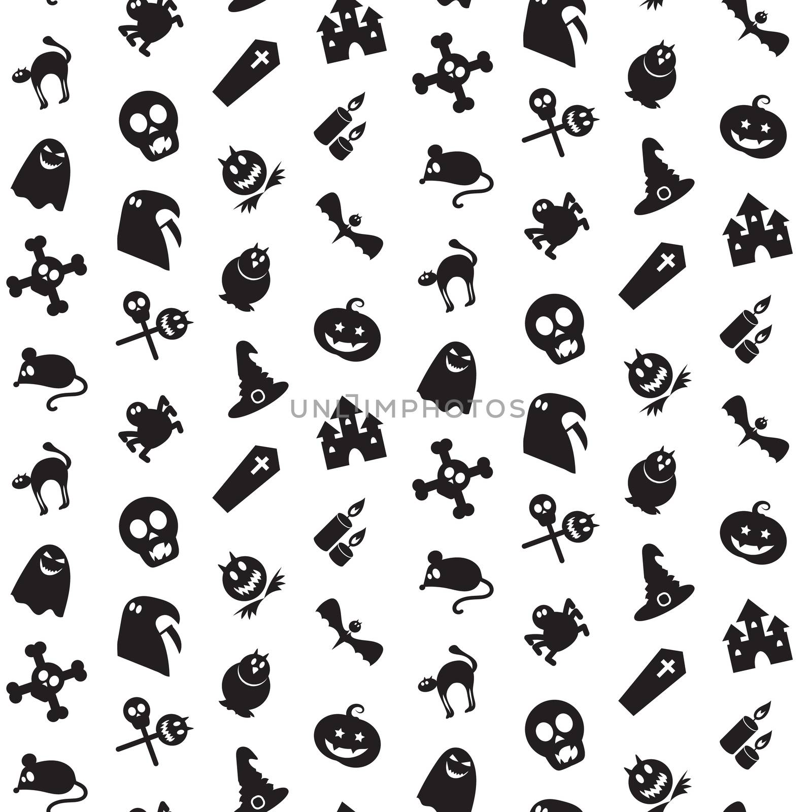 Halloween icons seamless pattern from animals, skull, bones and magic attributes for web and stickers. Vector