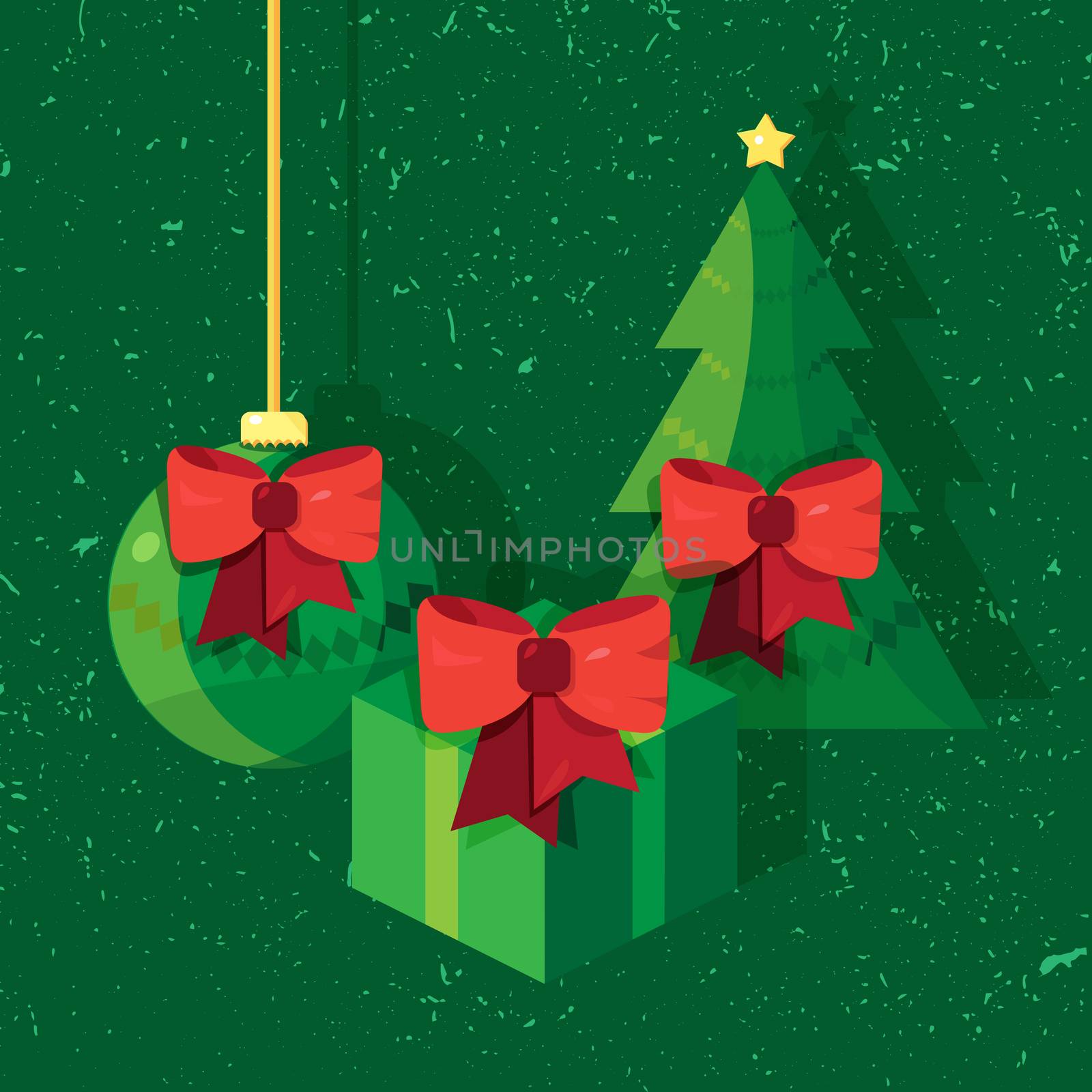 Hand written lettering of Merry Christmas text for greeting card in grunge and vintage style with toy, fir and gift. Vector