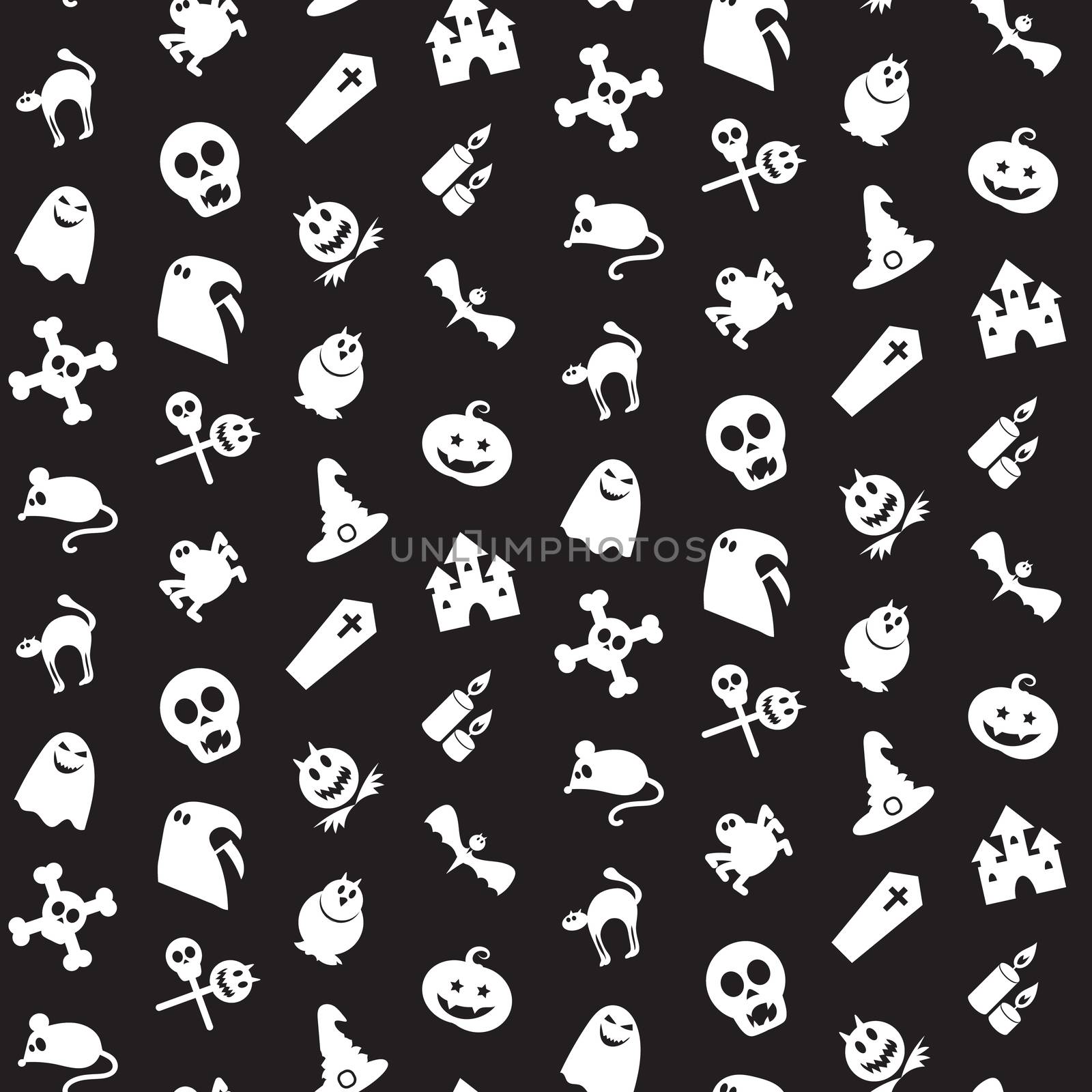 Halloween icons seamless pattern from animals, skull, bones and magic attributes for web and stickers. Vector
