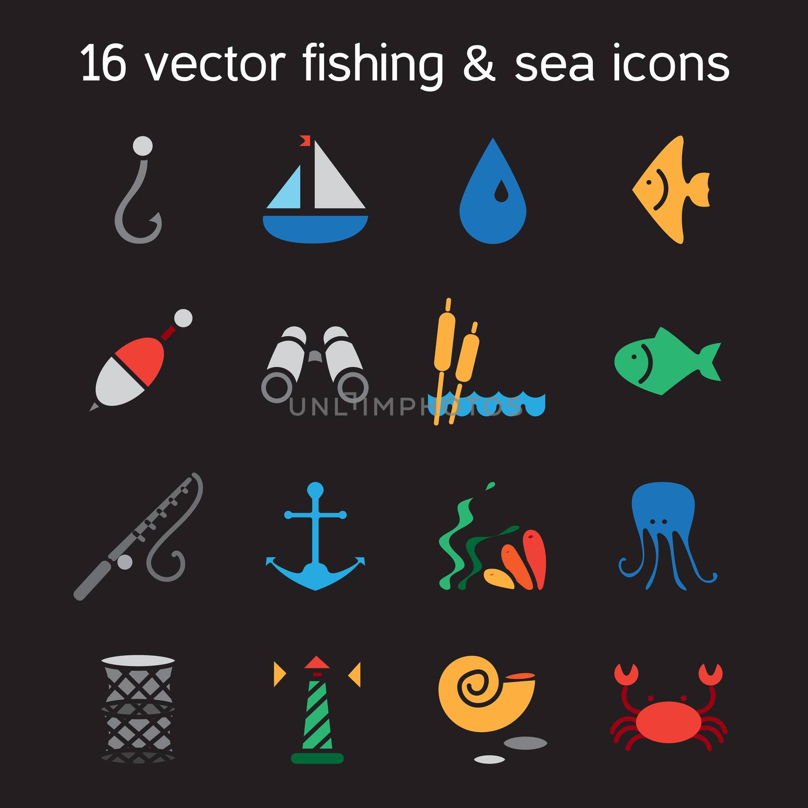 Isolated marine and fishing icons set. Vector