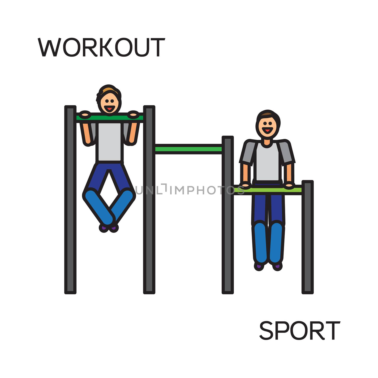 Sportman with sports equipment for street workout and pull-up bar. Vector