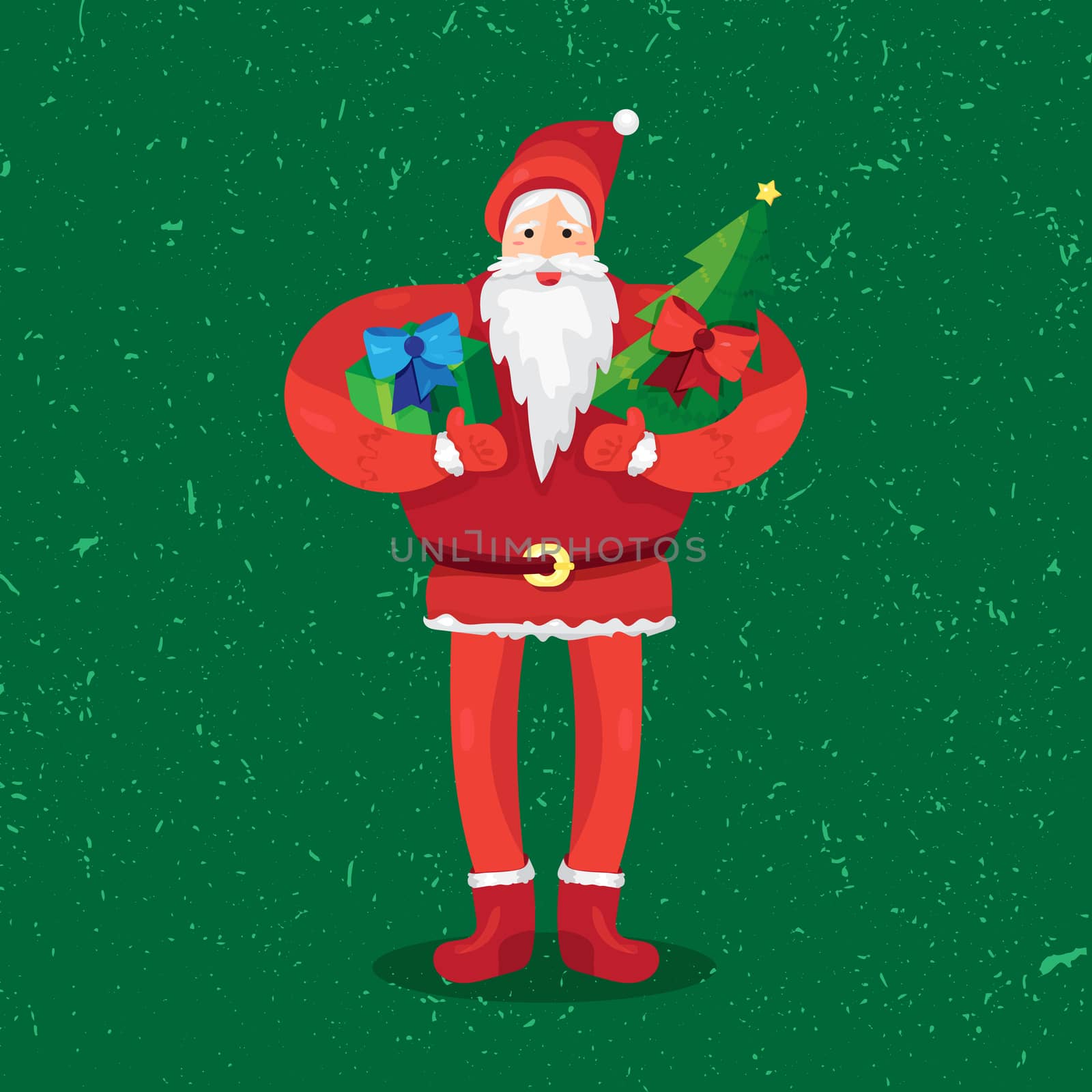 Merry Christmas greeting with Santa Claus or Father Frost with gift and fir in hands. Vector