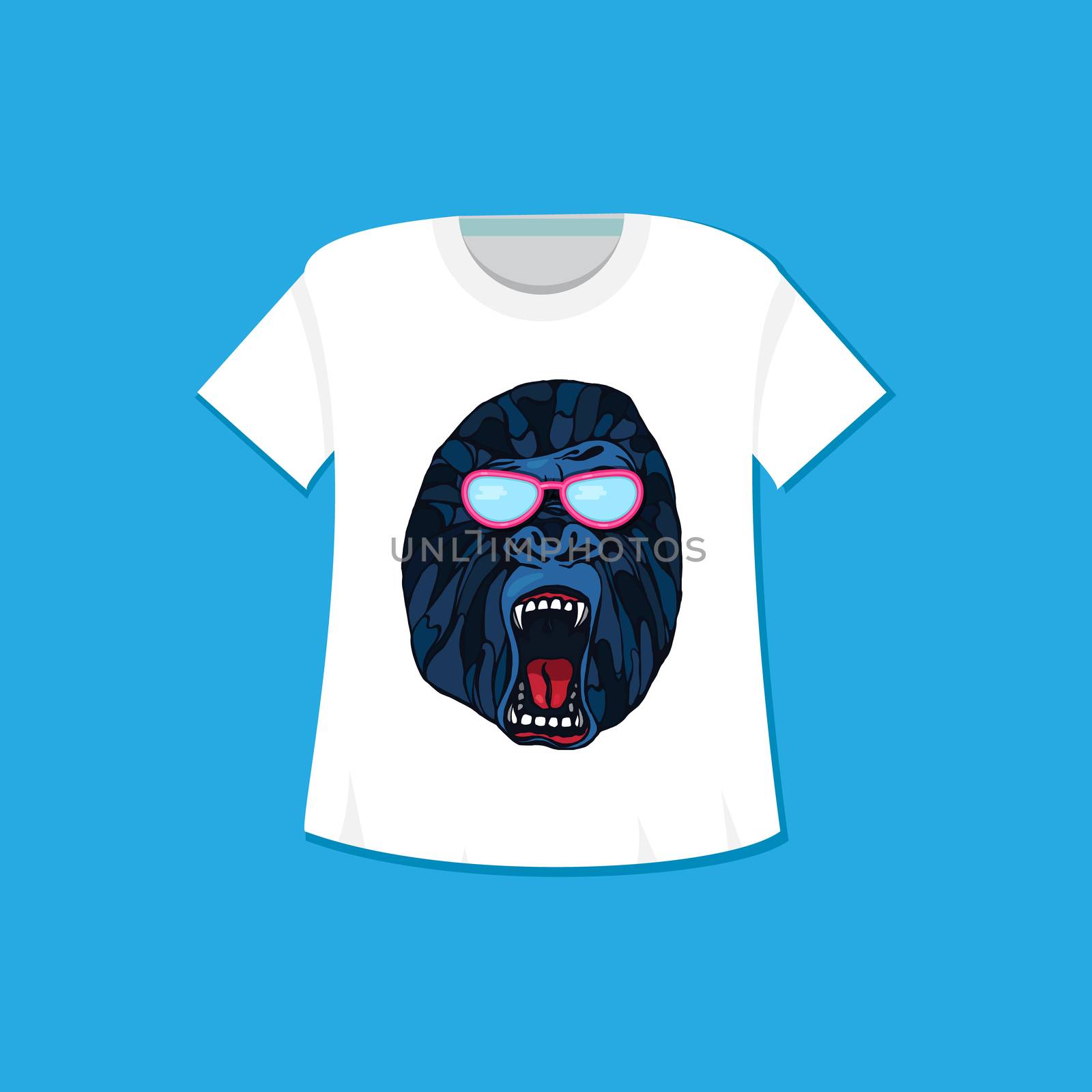 Growling detailed gorilla in cartoon style with glasses. Print and template design for t-shirt, poster, bag. Vector