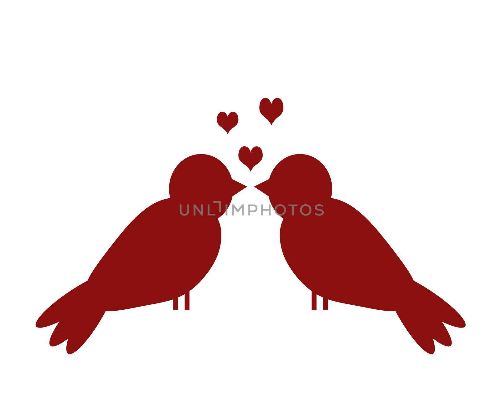 Cartoon love symbol. Two red silhouettes of birds with hearts isolated on white background.