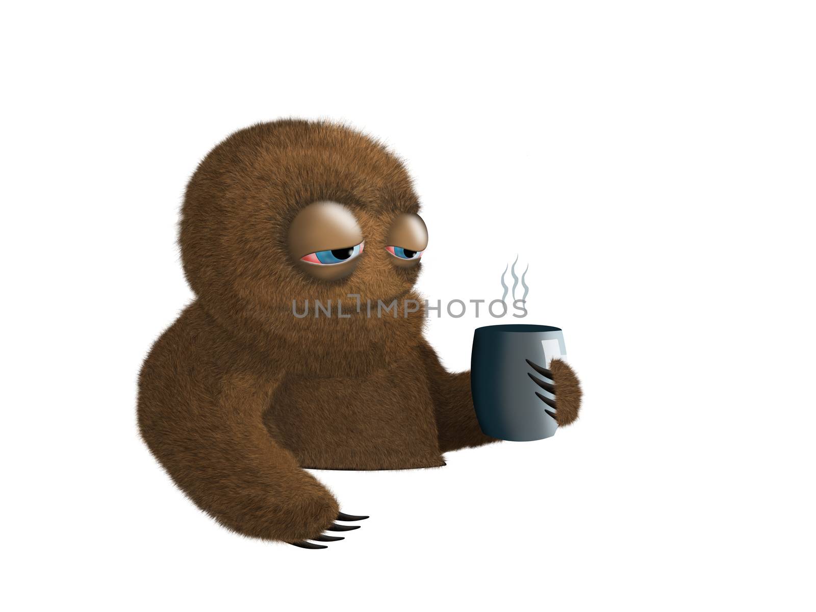Funny illustration. Tired furry brown creature with cup of hot steaming coffee isolated on white background.