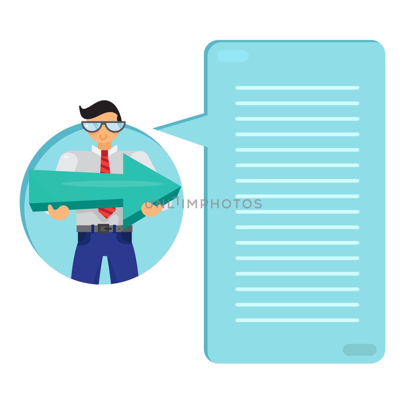 Employee or manager with big arrow in hands. Human with pointer. Thinking list. Template or blank with business concept. Vector