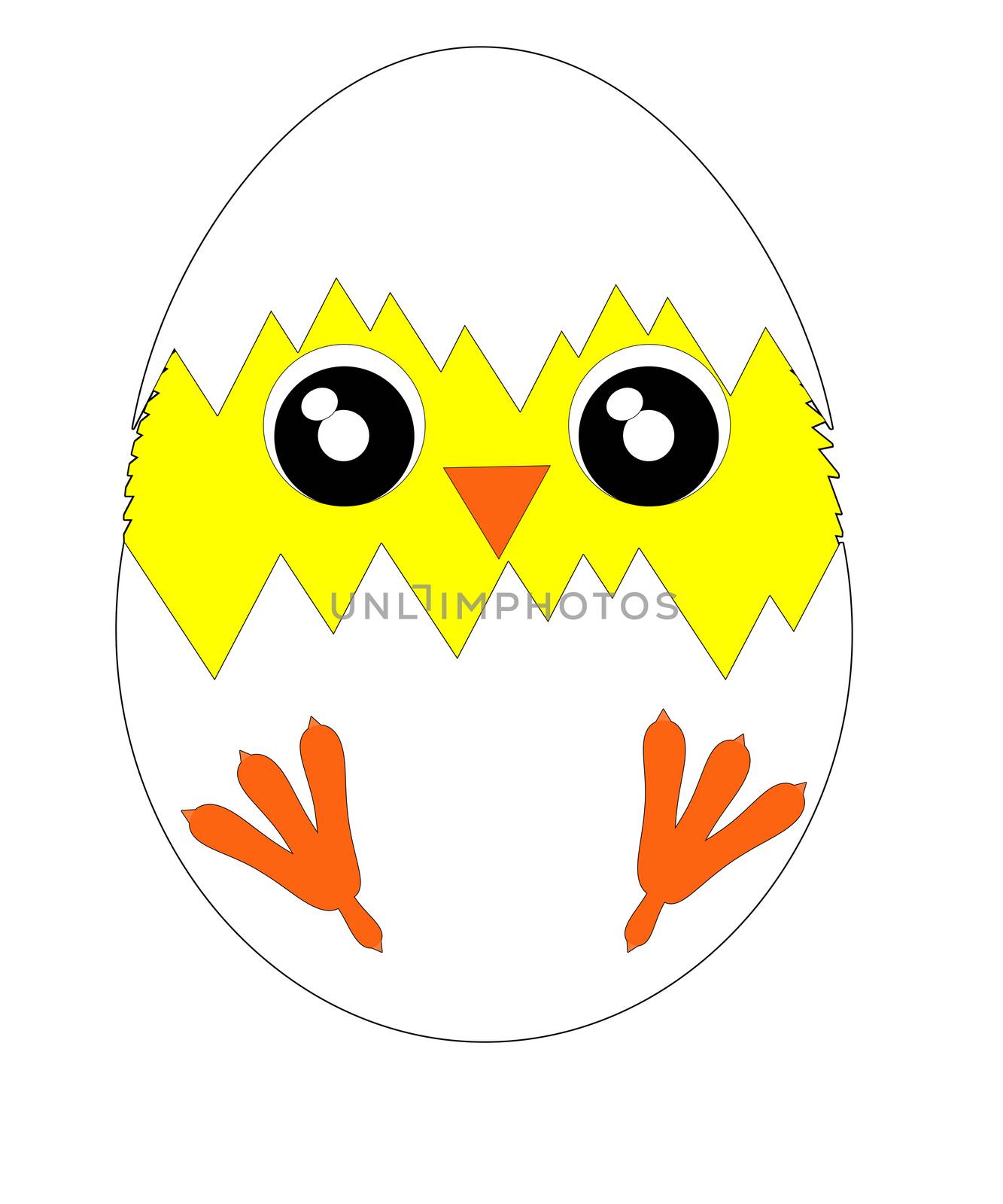 Cartoon illustration. Freshly hatched yellow chicken with egg shell isolated on white background.