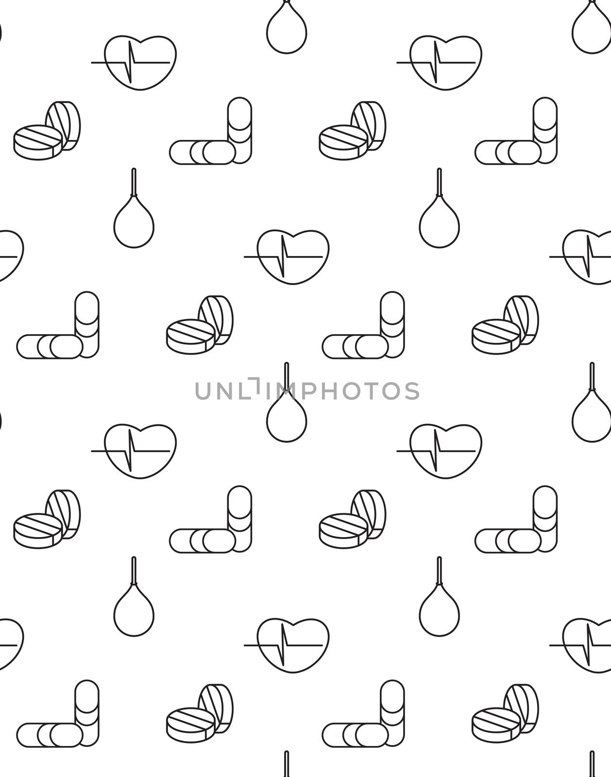 Medicine icons seamless pattern from cardiogram, pill, enema. Vector