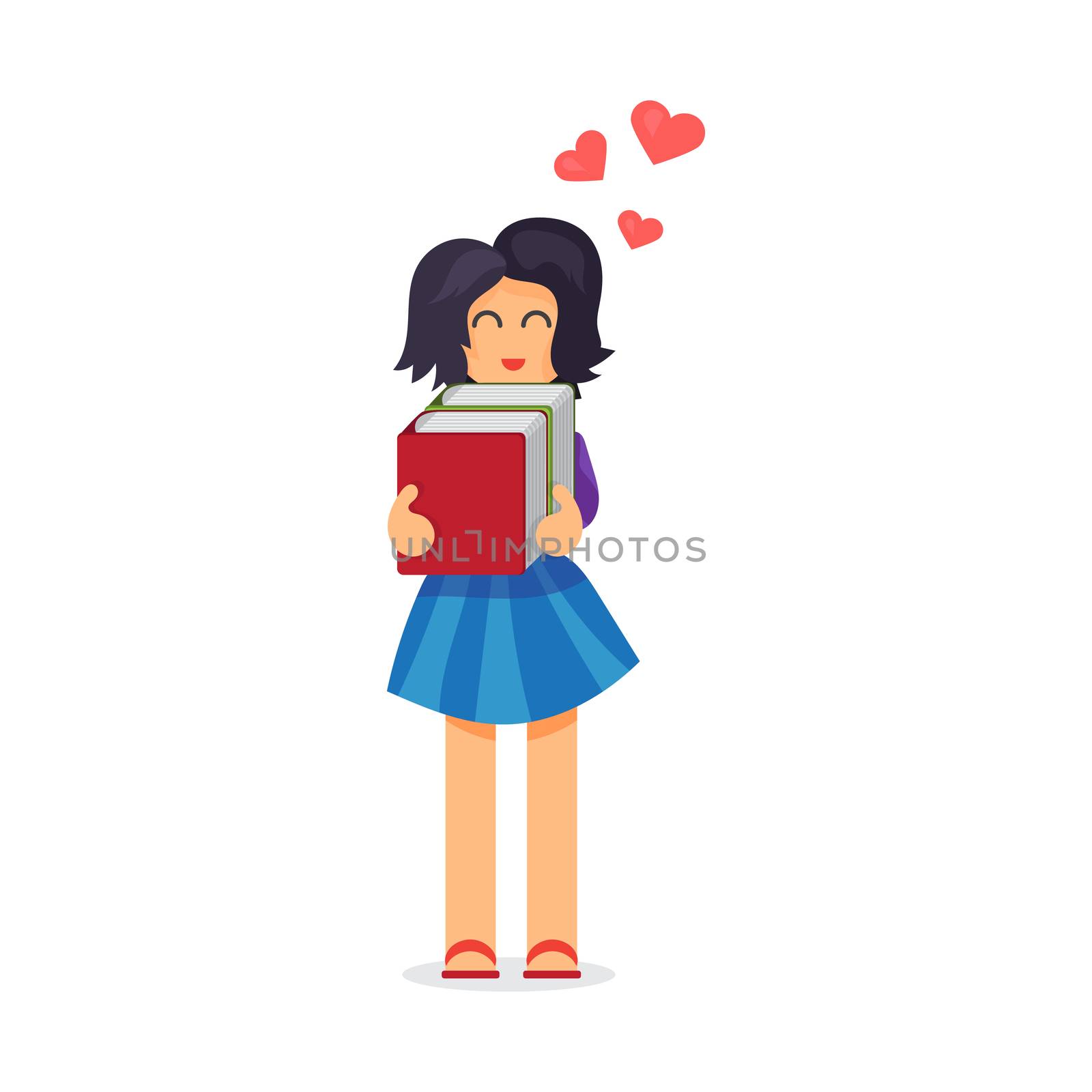 Girl hugging books. Love of reading. Vector