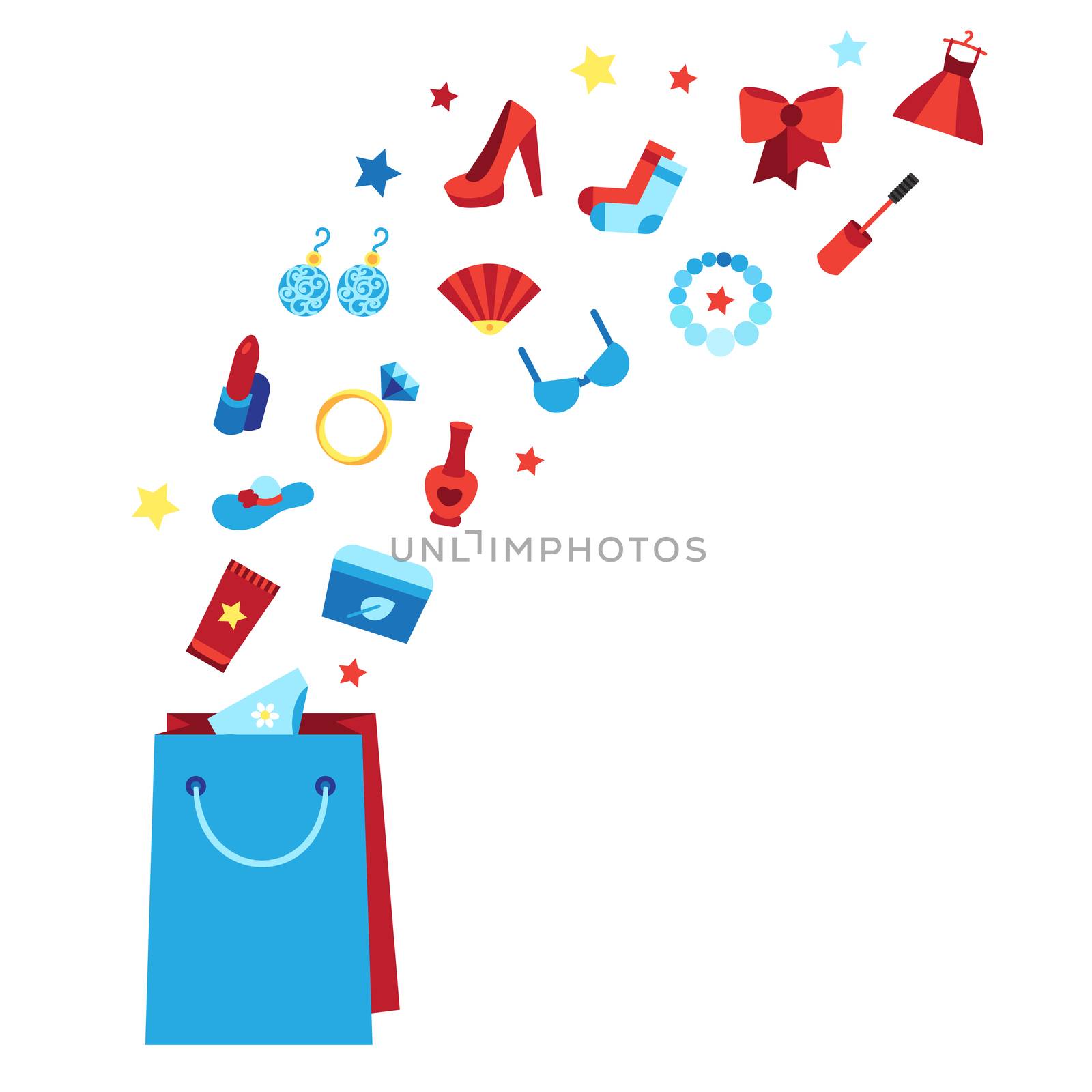 Woman things. Accessories and cosmetics, clothes, shoes and jewelry. Big sale poster with bag. Shopping concept. Vector