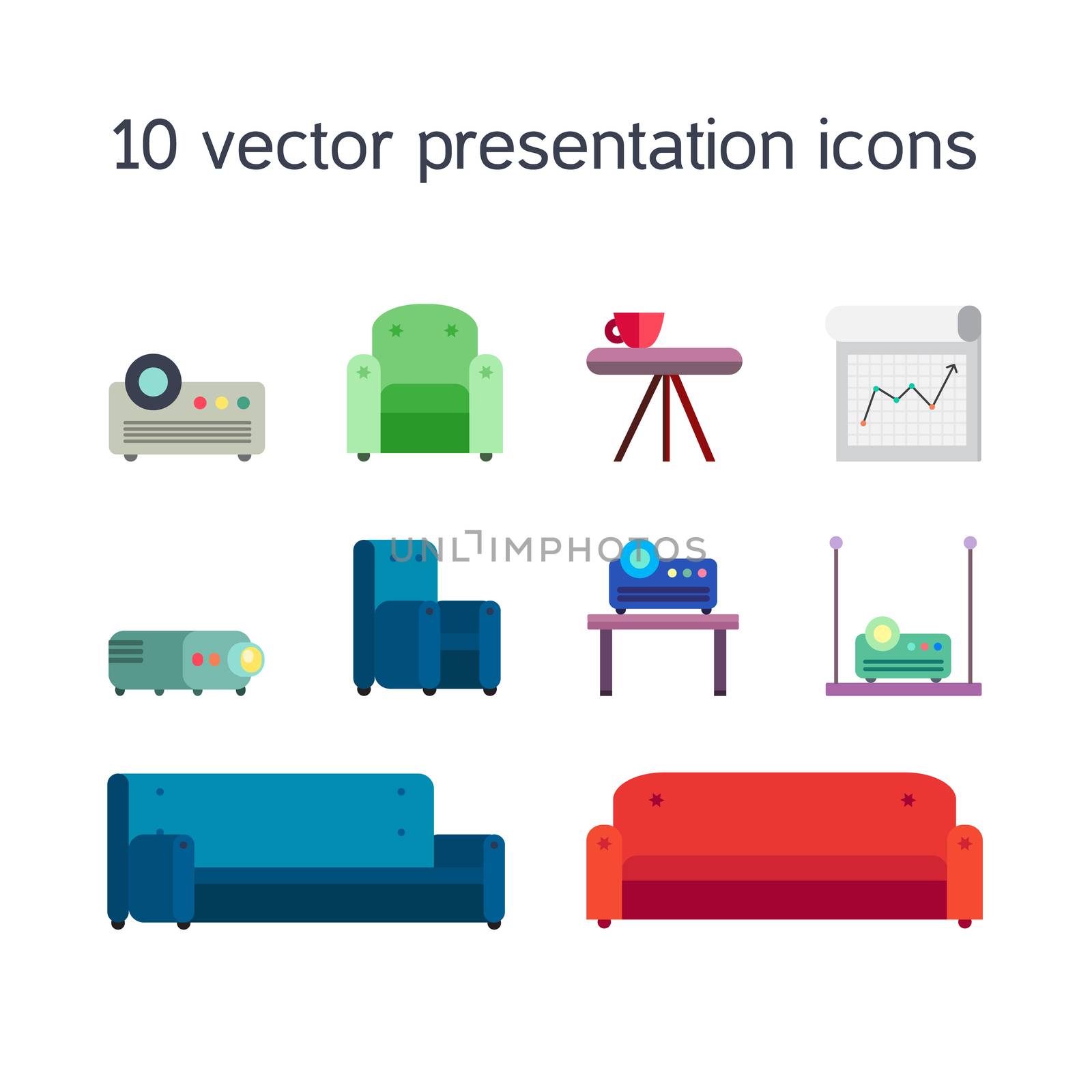 Office work icons set of projector, board bollard and comfortable seats for multimedia presentation sessions in modern style. Vector