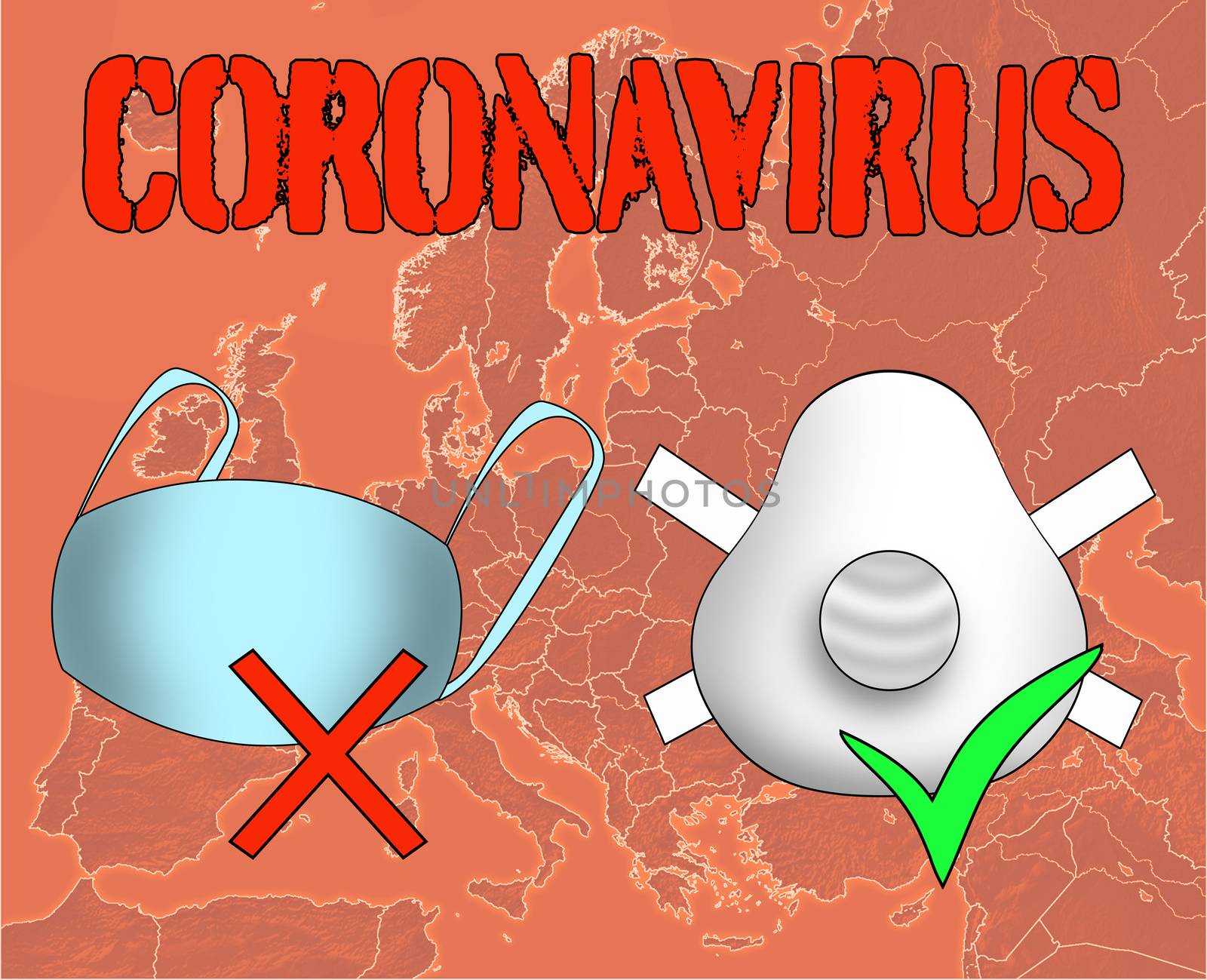 Red map of Europe with coronavirus inscription, flu mask and respirator. Influenza mask is not effective. The use of a respirator is effective. Coronavirus in Europe. Use a respirator to protect yourself.