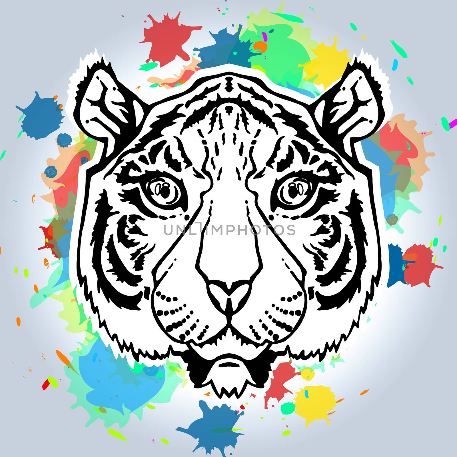 Illustration of isolated tiger head in vintage style with spots for textiles, print and tattoo. Line-art. Vector