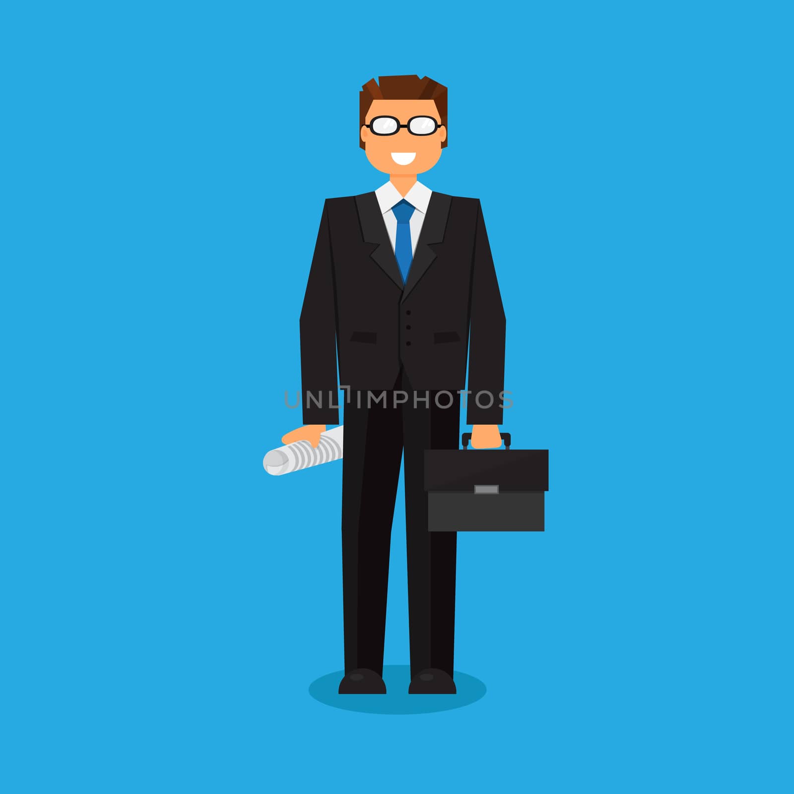 Successful businessman with a suitcase. Thinking list. Template or blank with business concept. Vector
