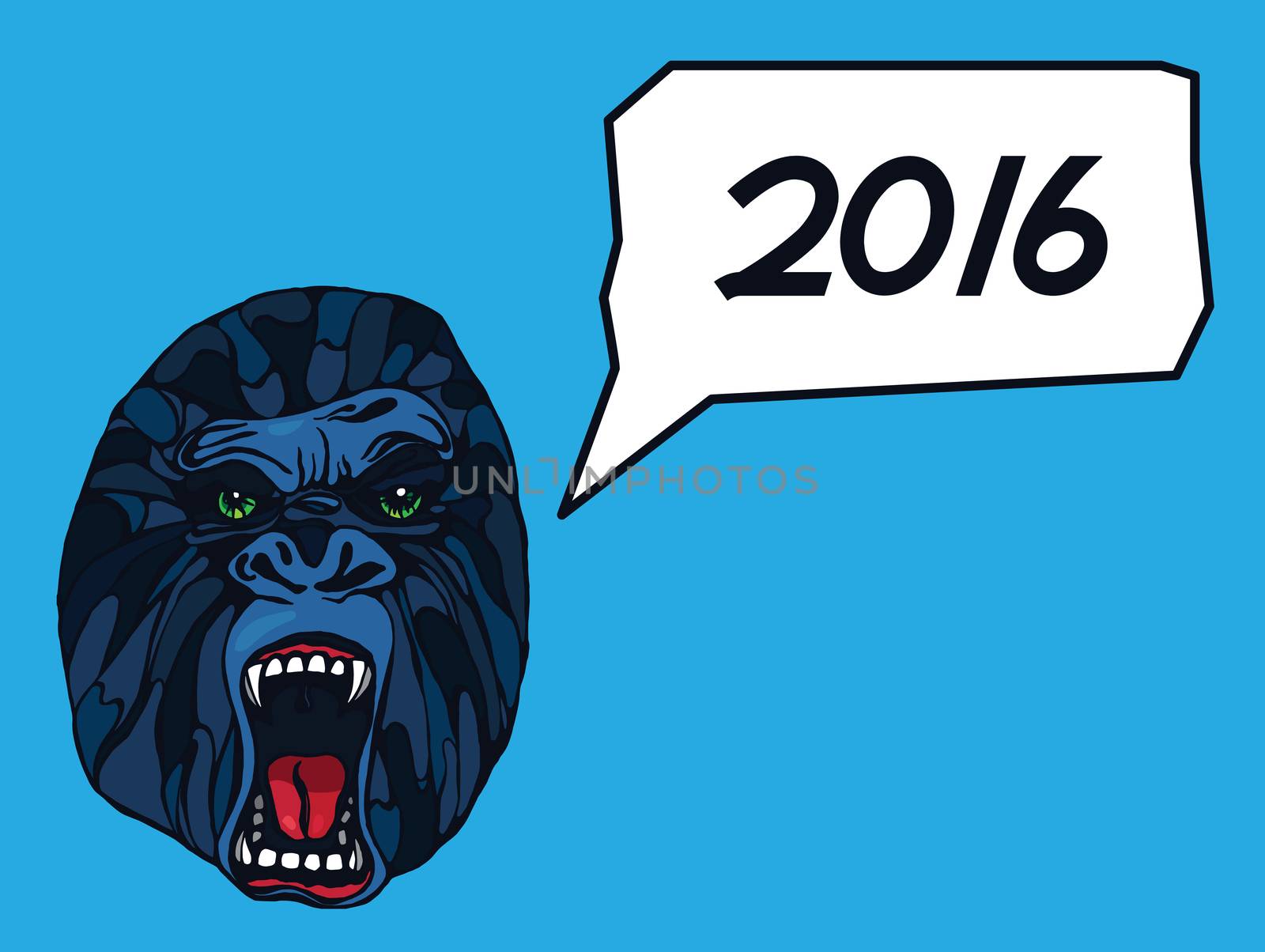 Growling detailed gorilla with text bubble for new 2016 year. Design for t-shirt, poster, bag. Vector