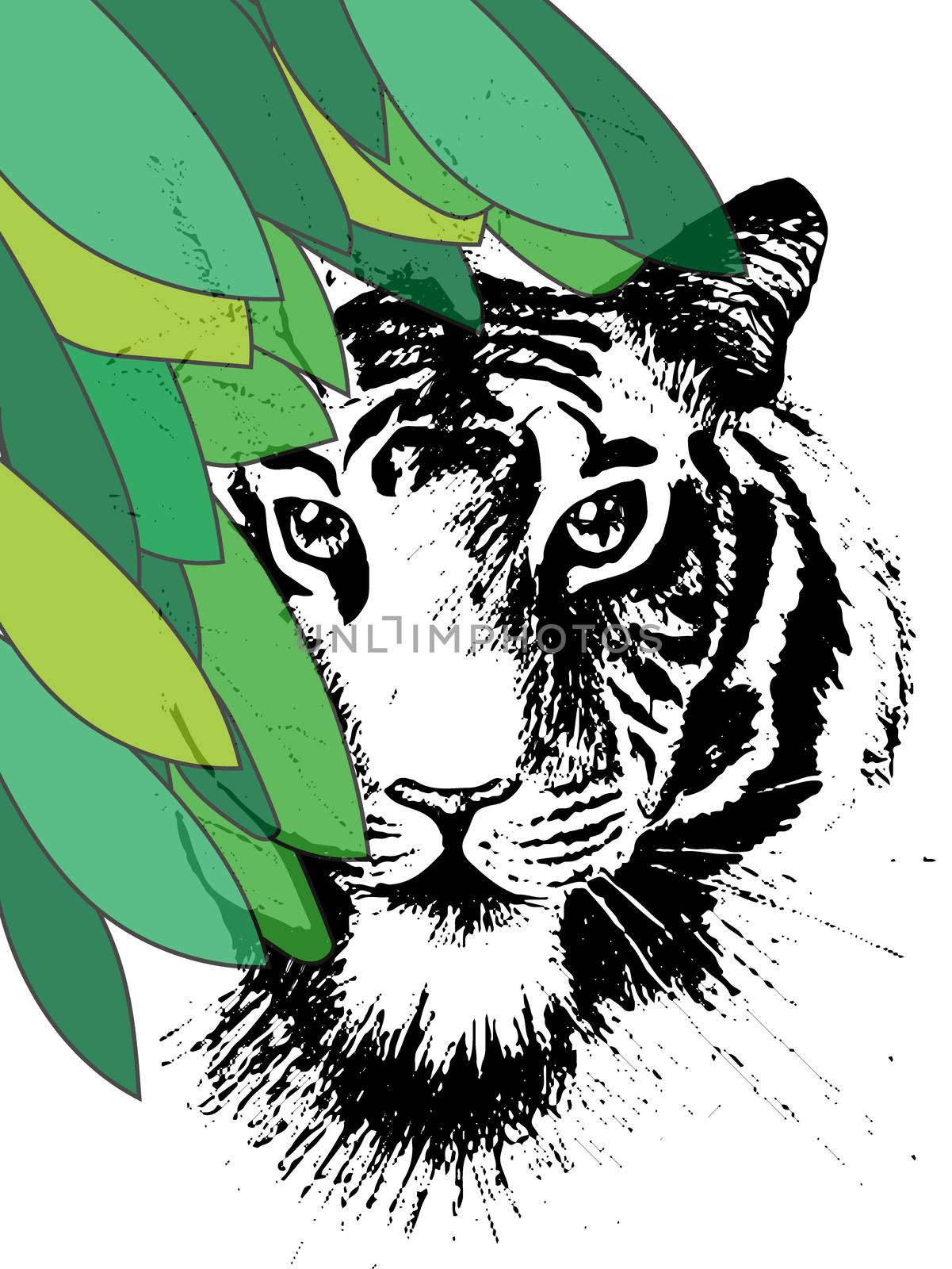 Tiger under leaves in vector, wild cat