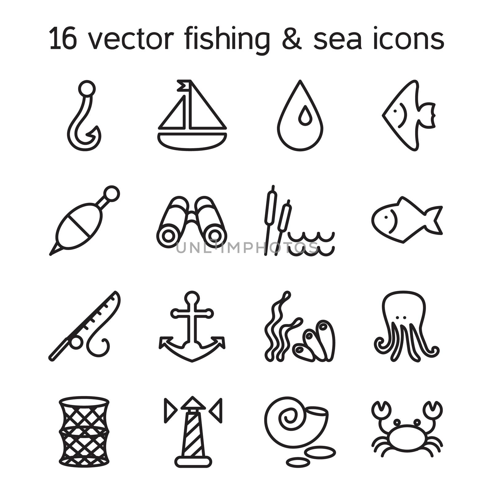 Isolated marine and fishing icons set. Vector