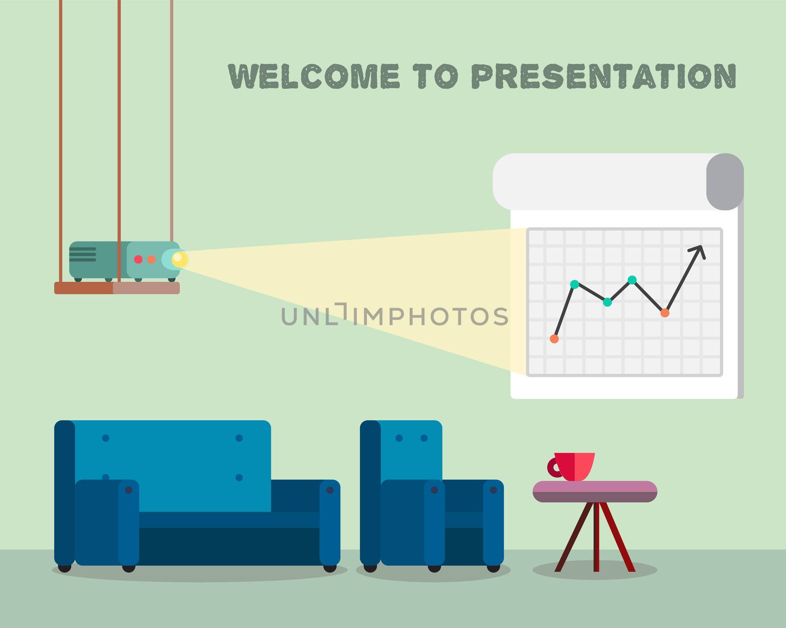 Office work room with projector, board bollard and comfortable seats for multimedia presentation sessions in modern style. Vector