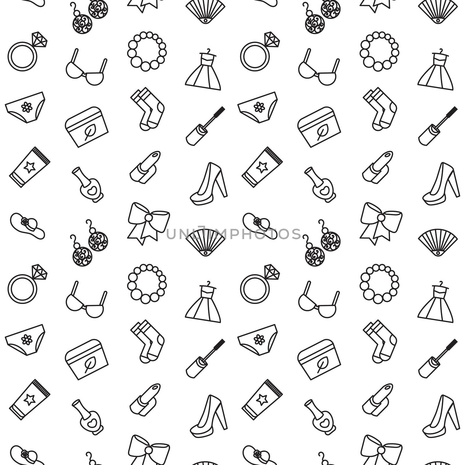 Woman accessories of cosmetics shoes clothes and jewelry. Vector