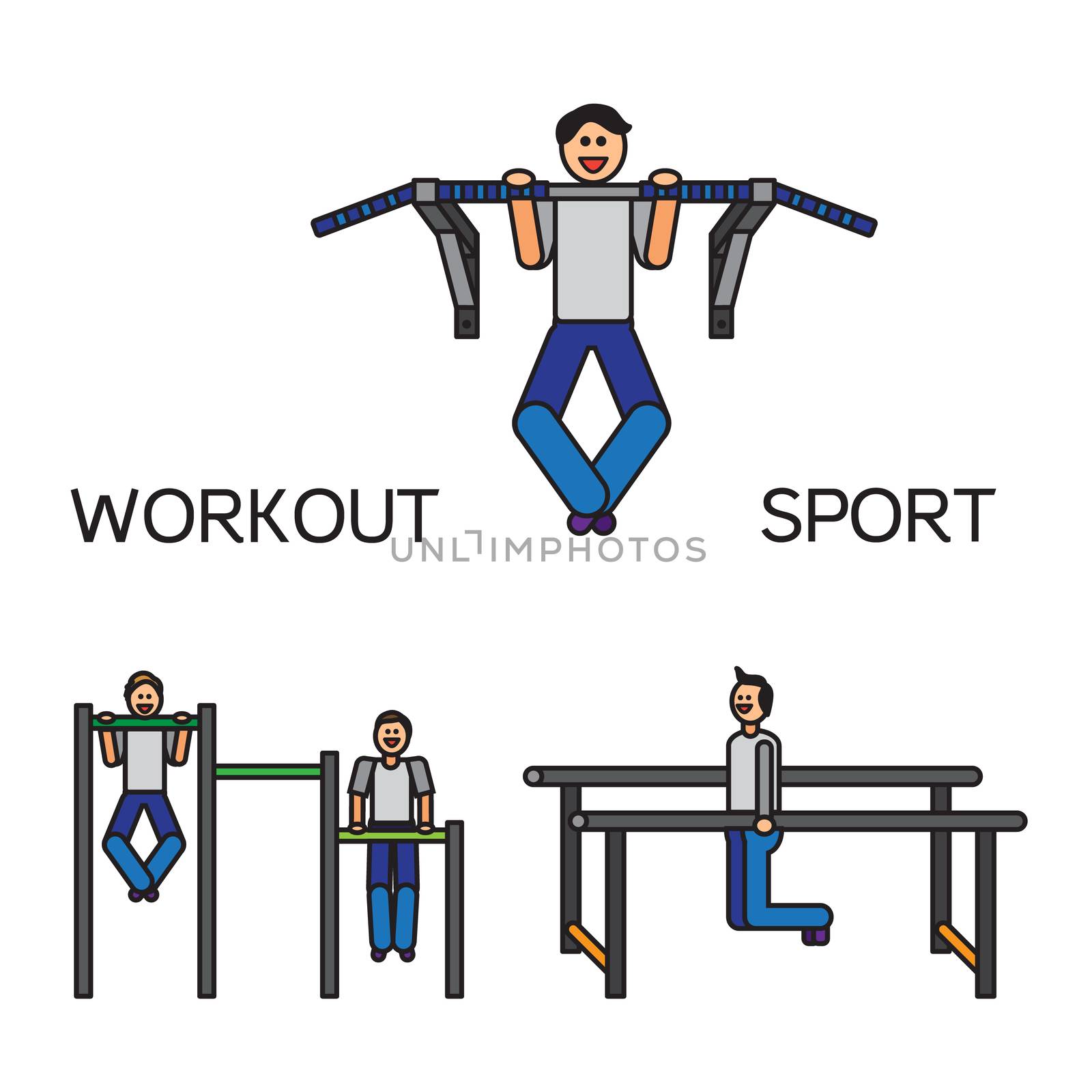 Sportman with sports equipment for street workout and pull-up bar. Vector