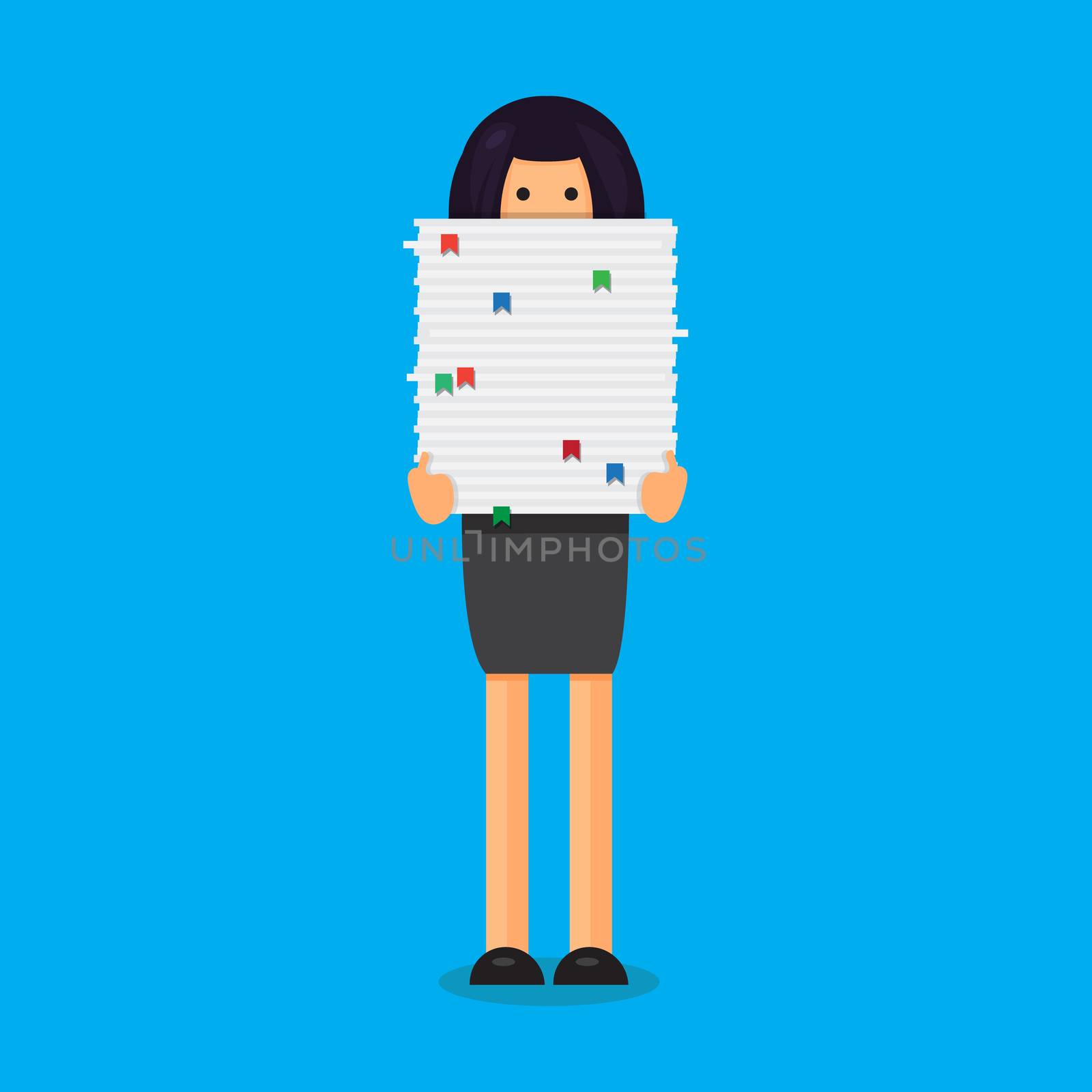 Office worker with big stack of paper. She has a lot of work. All hands' job illustration. Vector