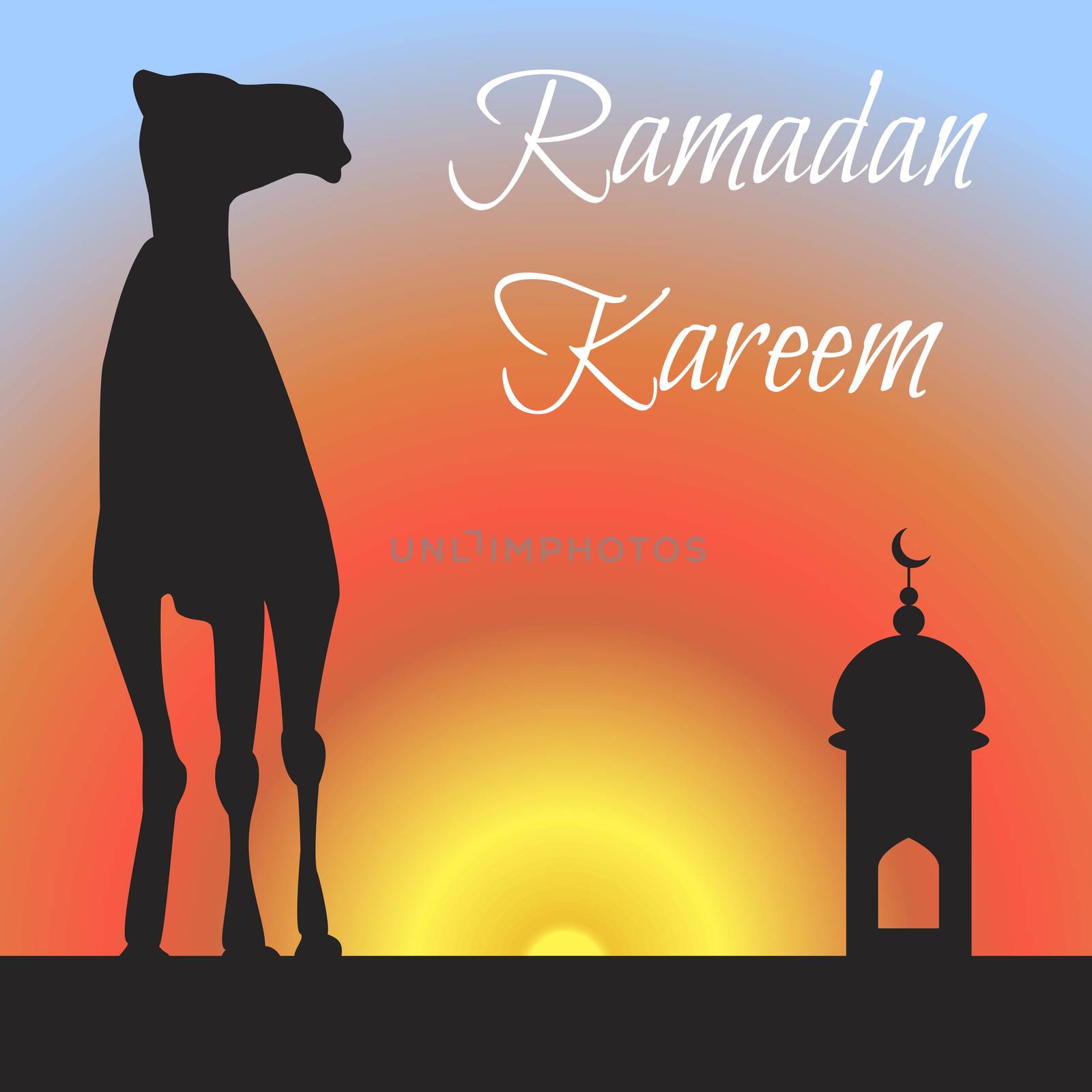 Ramadan greeting with camel, Islamic greeting card for Ramadan Kareem. Vector