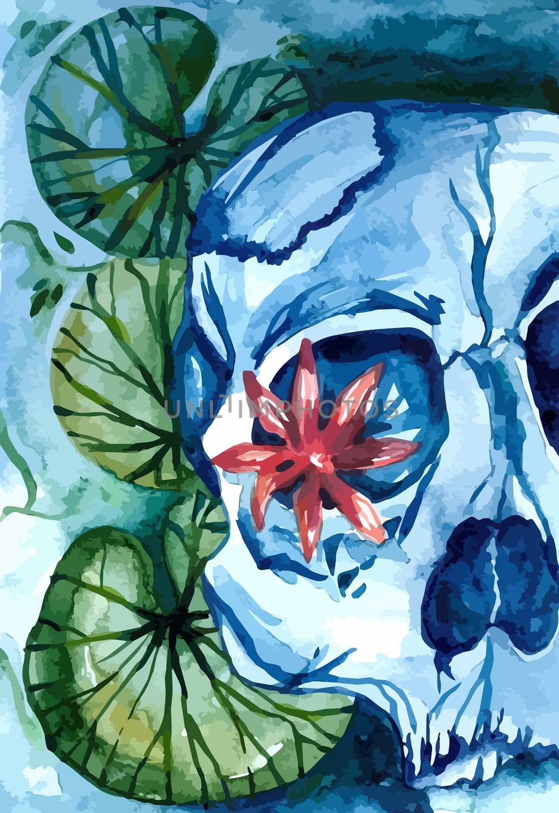 Vector aquarelle skull with lotus in the river