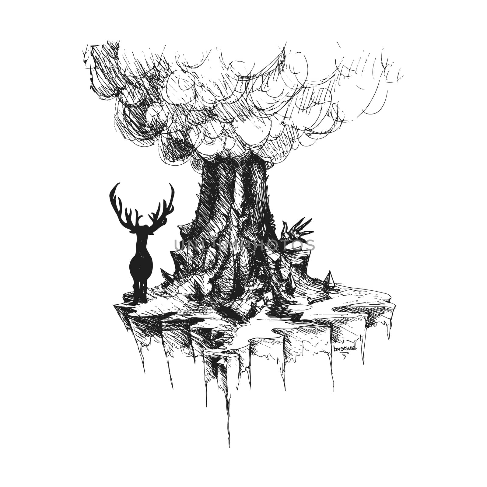 Vector deer on island from rocks and volcano with monster's hand, Abstract fantastic with effect of chalk