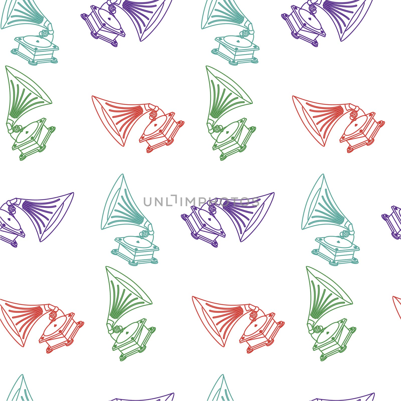 Vector seamless hand-drawn pattern with old gramophone in eps