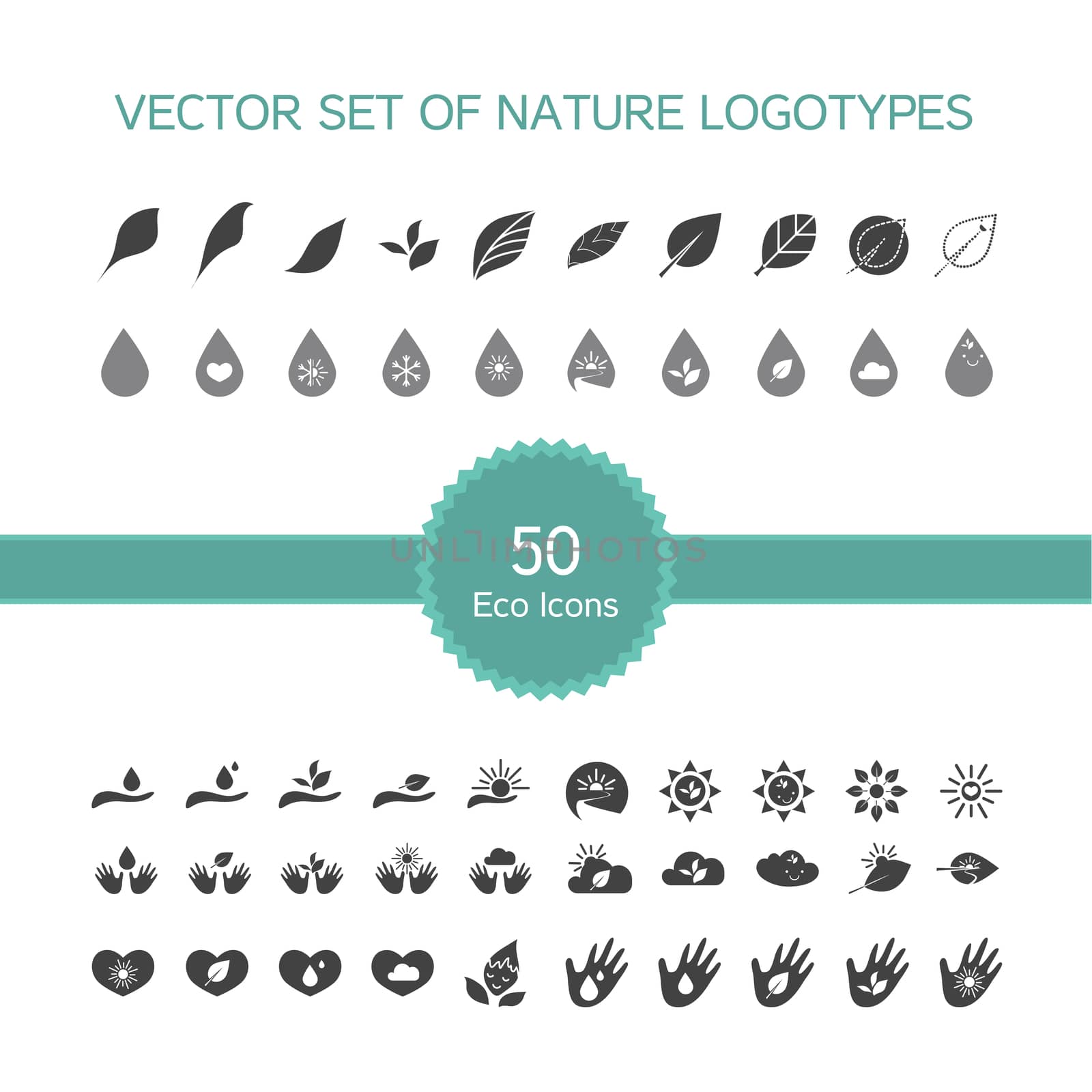 Vector set of 50 ecology icons, nature logo, biology symbols from leaves, hand, sun, snow, drop