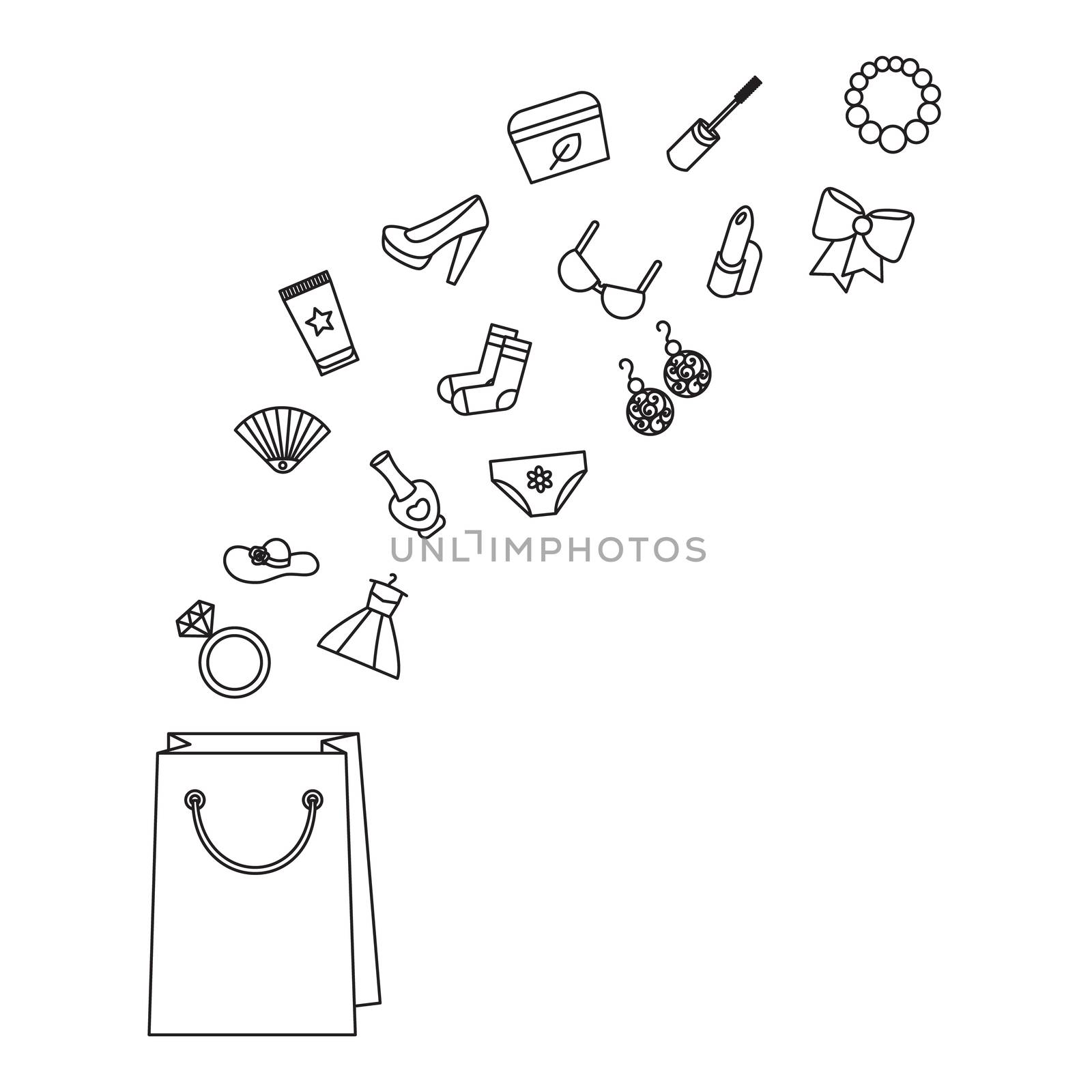 Woman things. Accessories and cosmetics, clothes, shoes and jewelry. Big sale poster with bag. Shopping concept. Vector