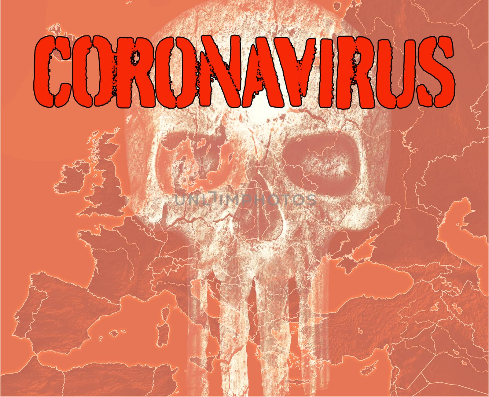 Red map of Europe with coronavirus inscription and skull. Deadly disease in Europe.