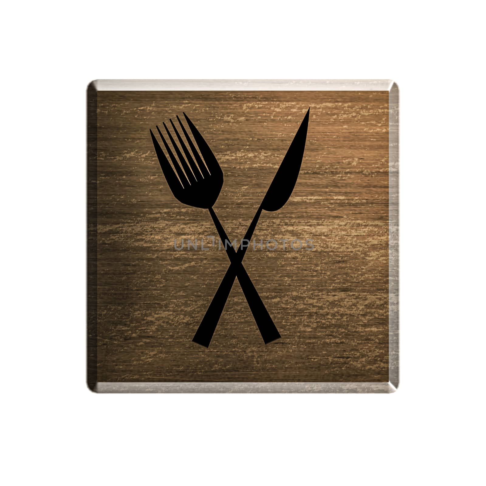 Illustration. Hotel wooden badge with cutlery symbol. Meals available.