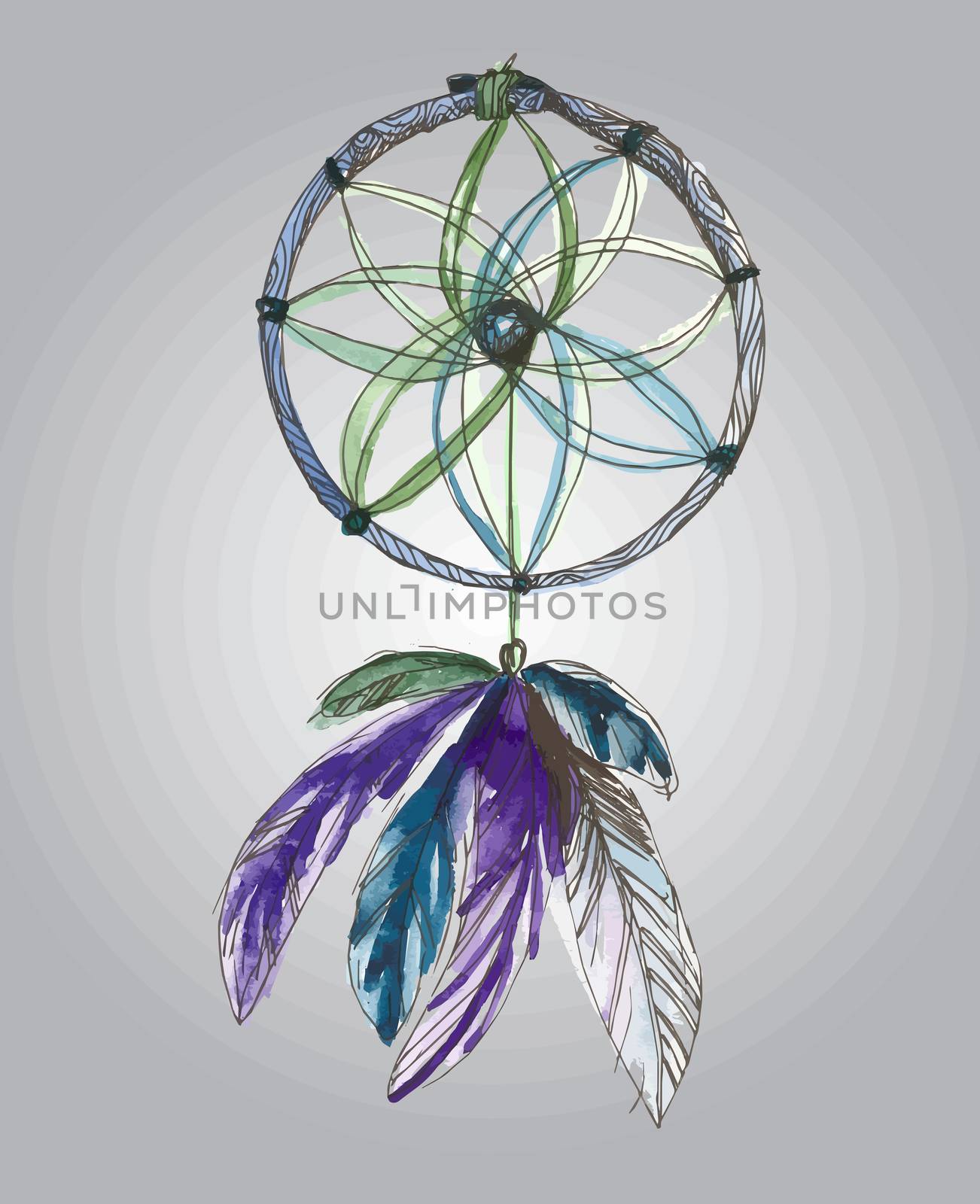 Vector watercolor dream catcher. Circle with fearthers.