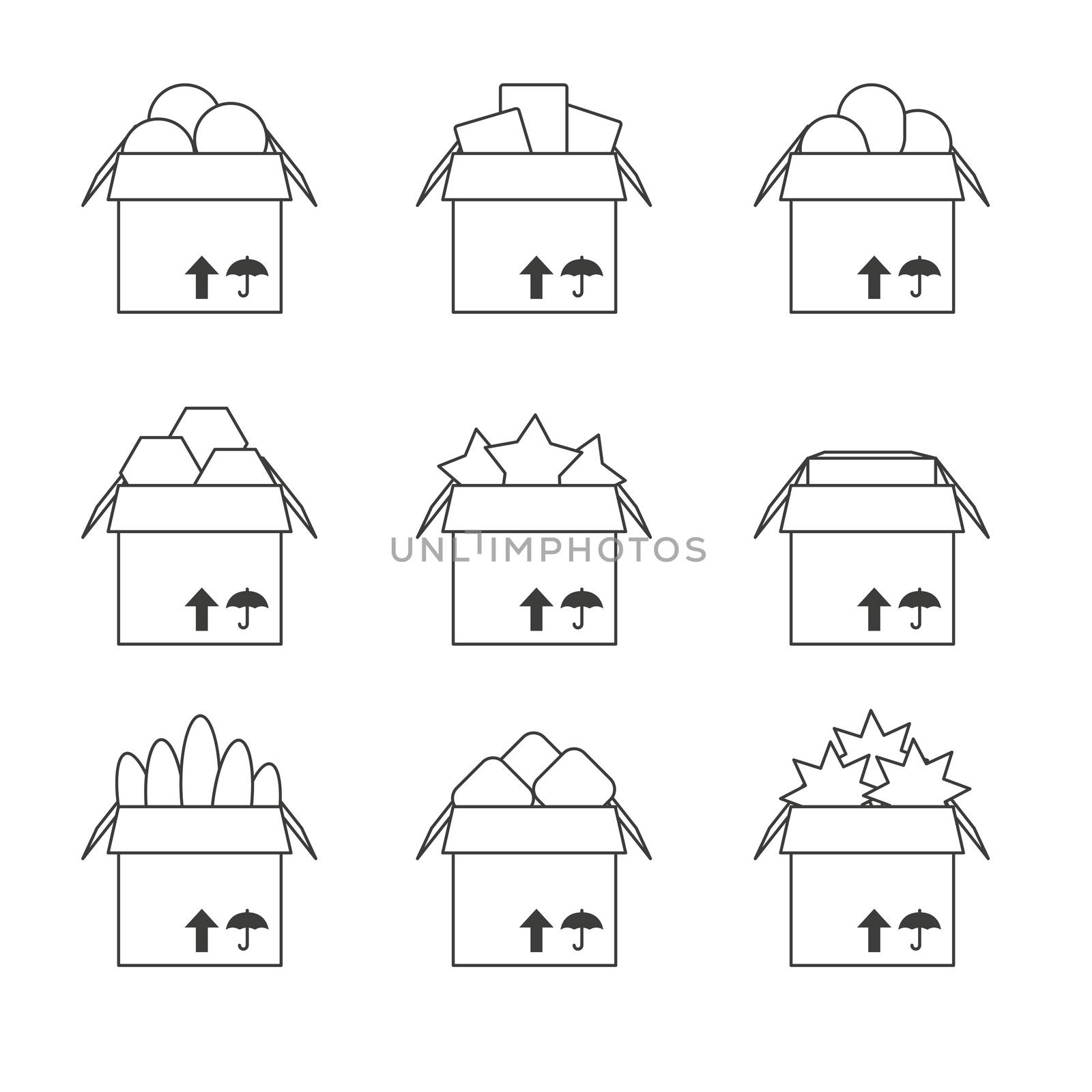 Set of templates with the full box, icons. Vector