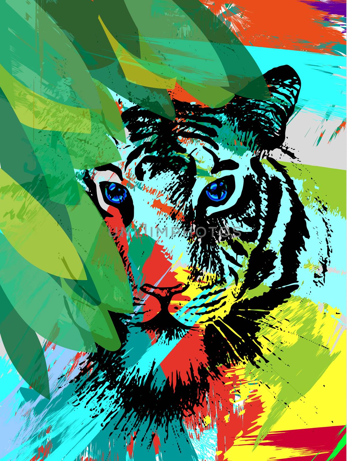 Tiger under leaves in vector, wild cat