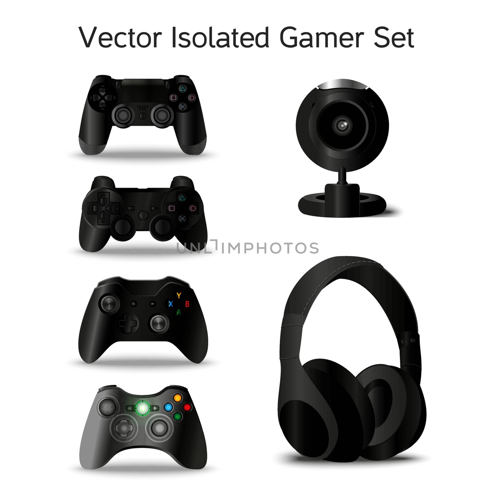 Vector gamer set: four controllers, webcam and headphone