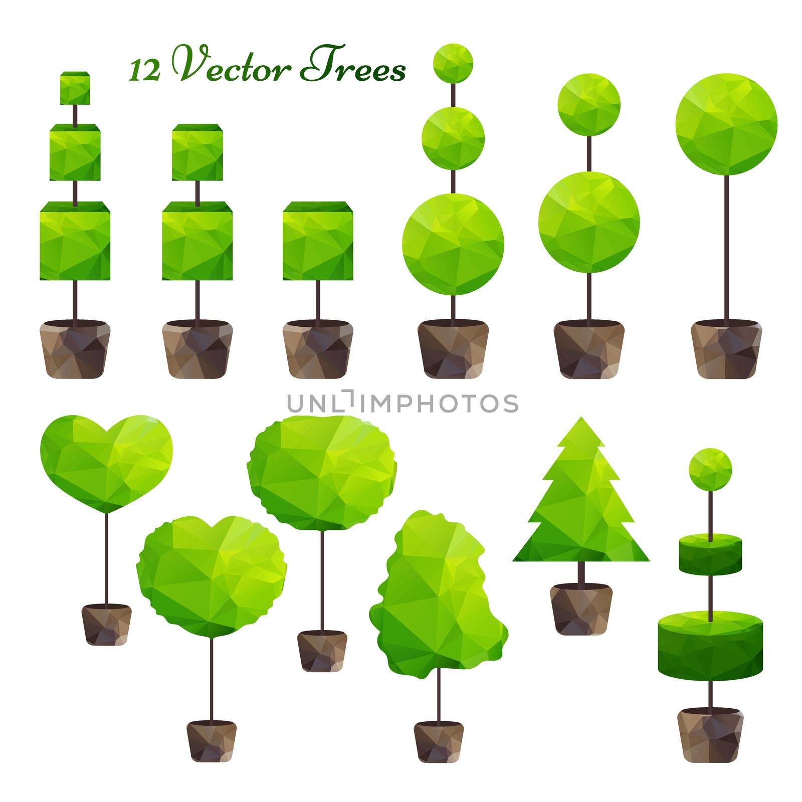 Vector set of 12 green polygonal trees, low poly, nature symbol