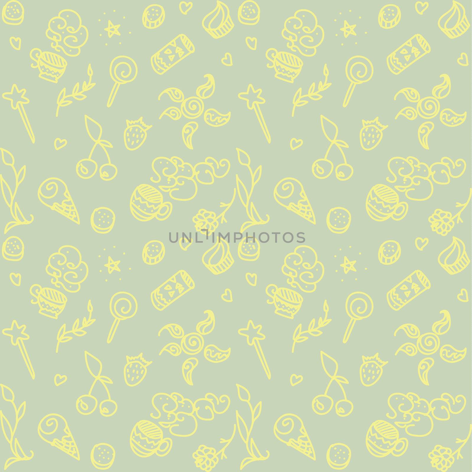 Vector seamless pattern with things from life: food, drink, magic wand, cups, plant