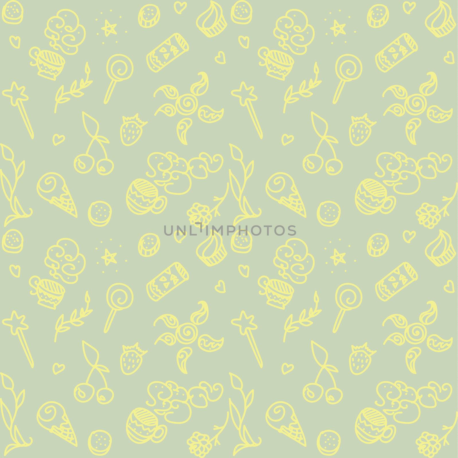 Vector seamless pattern with things from life: food, drink, magic wand, cups, plant