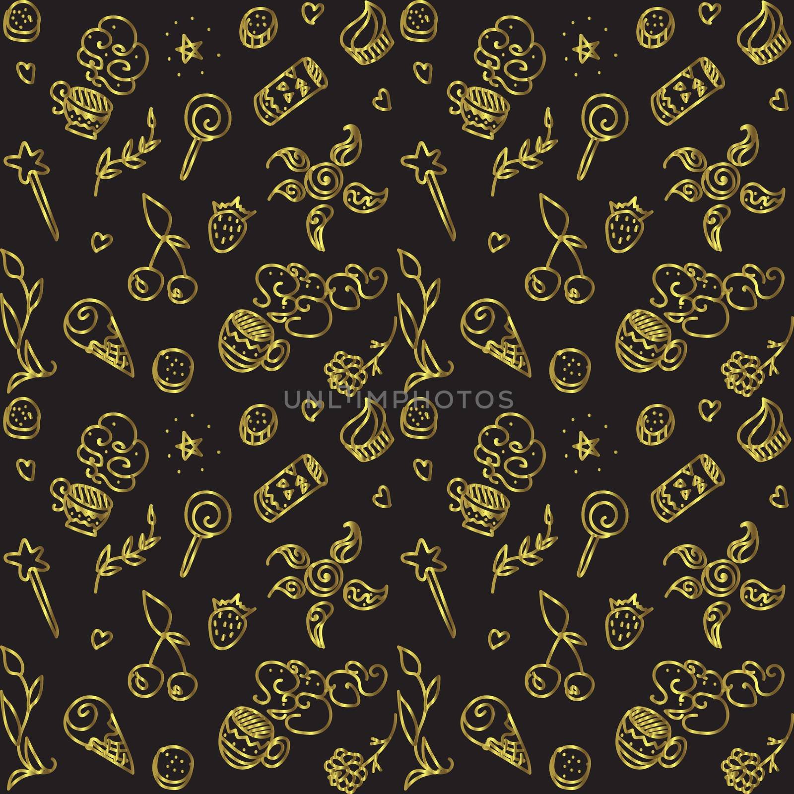 Vector gold seamless pattern with things from life: food, drink, magic wand, cups, plant
