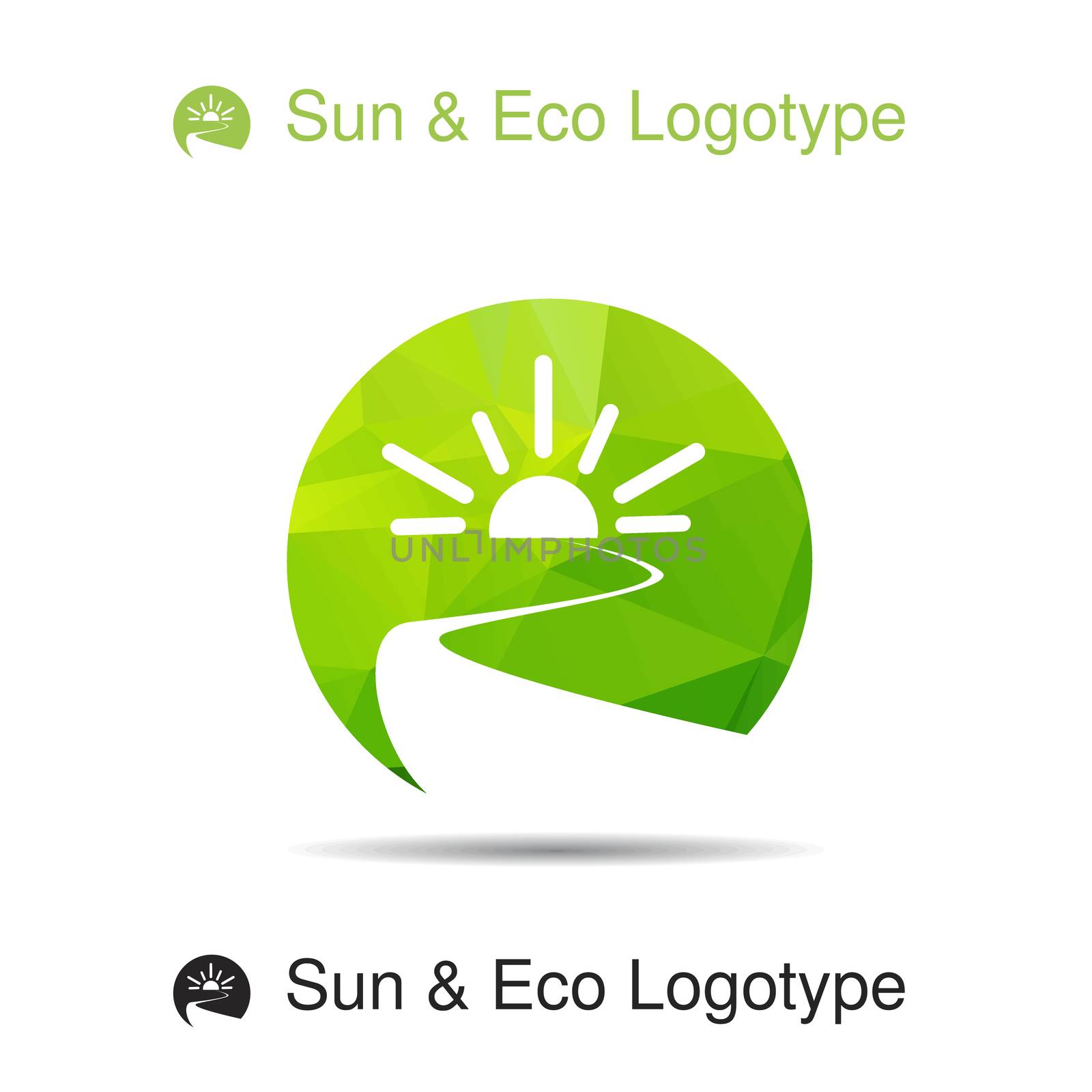 Ecology logotype, icon and nature symbol: sun, river, water in circle