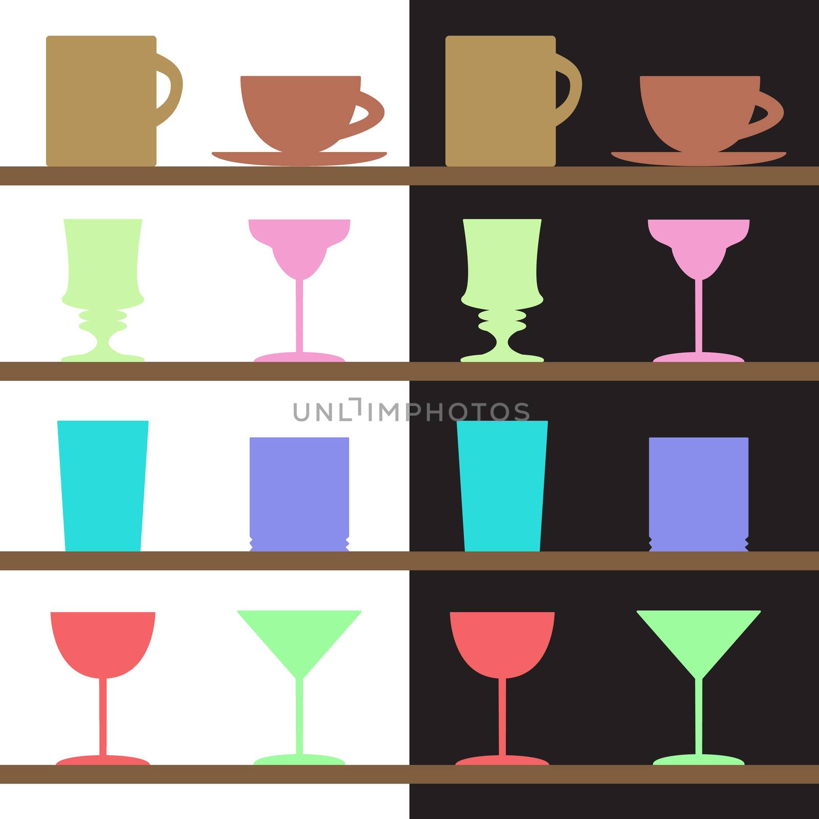 Vector set of goblets, cups, glass silhouettes