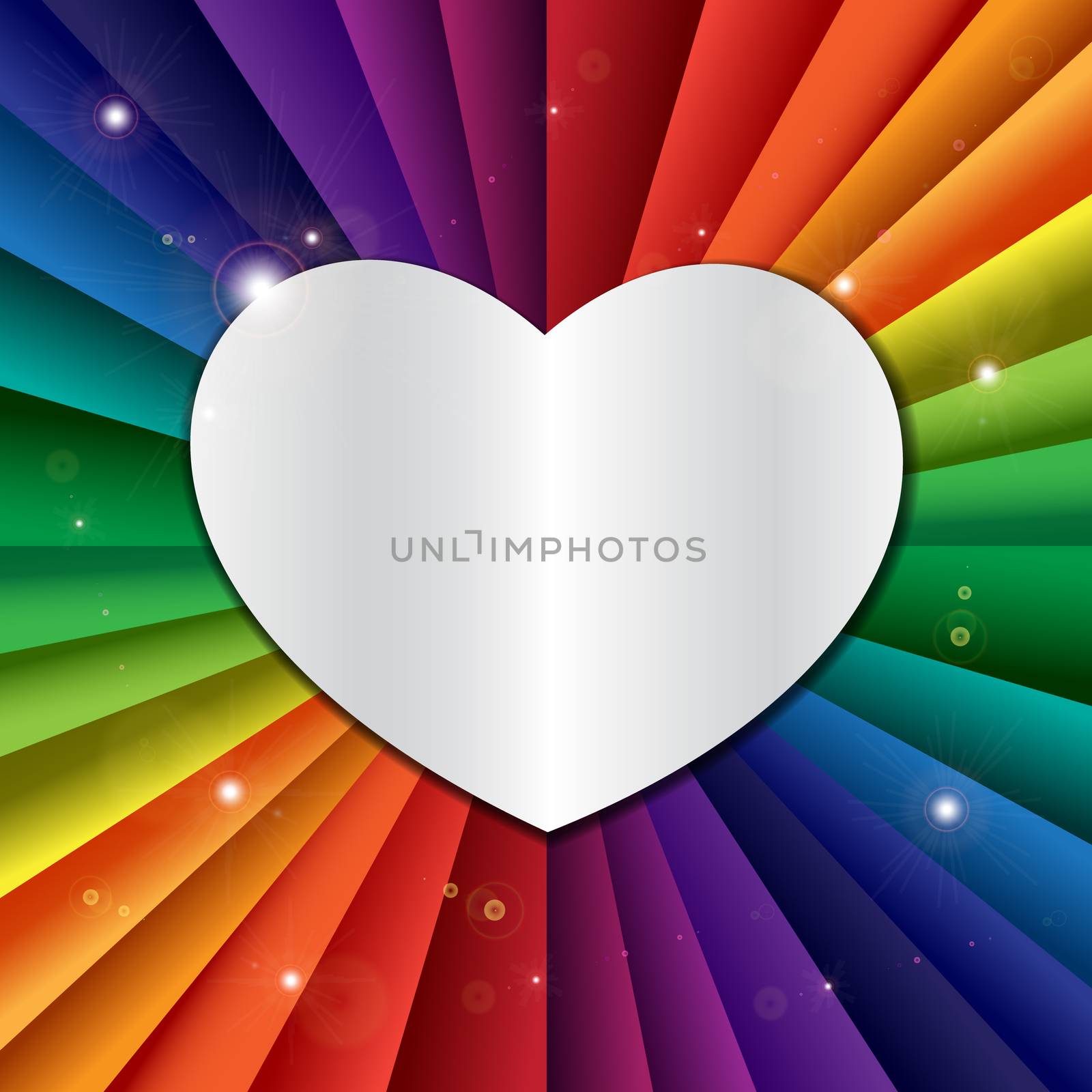 Bright vector rainbow celebration holiday banner with heart icon, vector background and love symbol