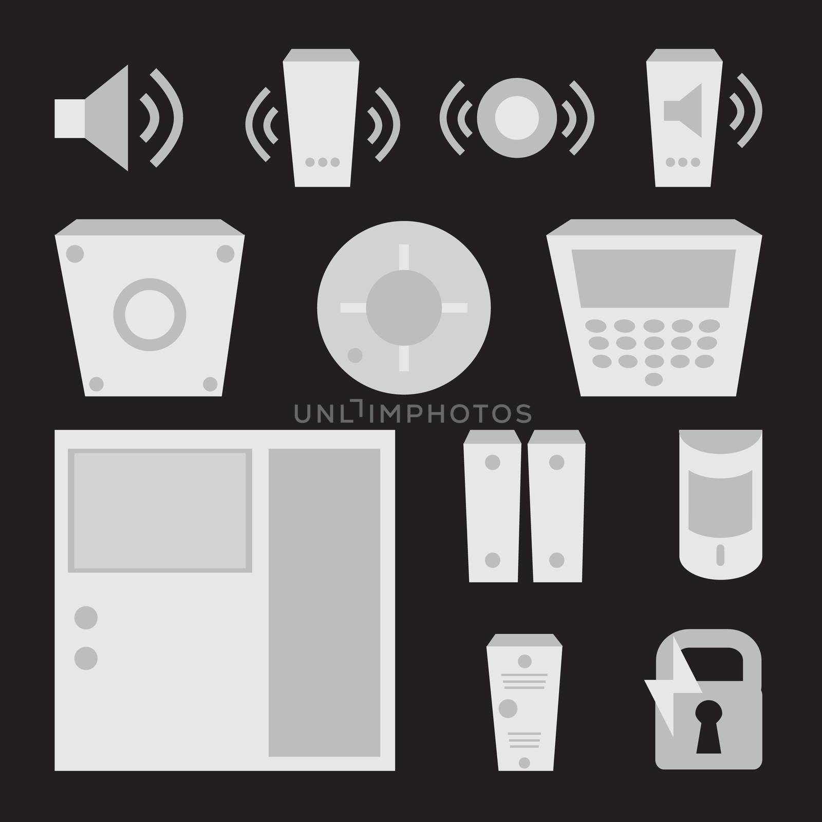 Vector simple set of detectors icons for window, fire, sound, intercom, fire alarm, reader, electronic lock. Access Control System